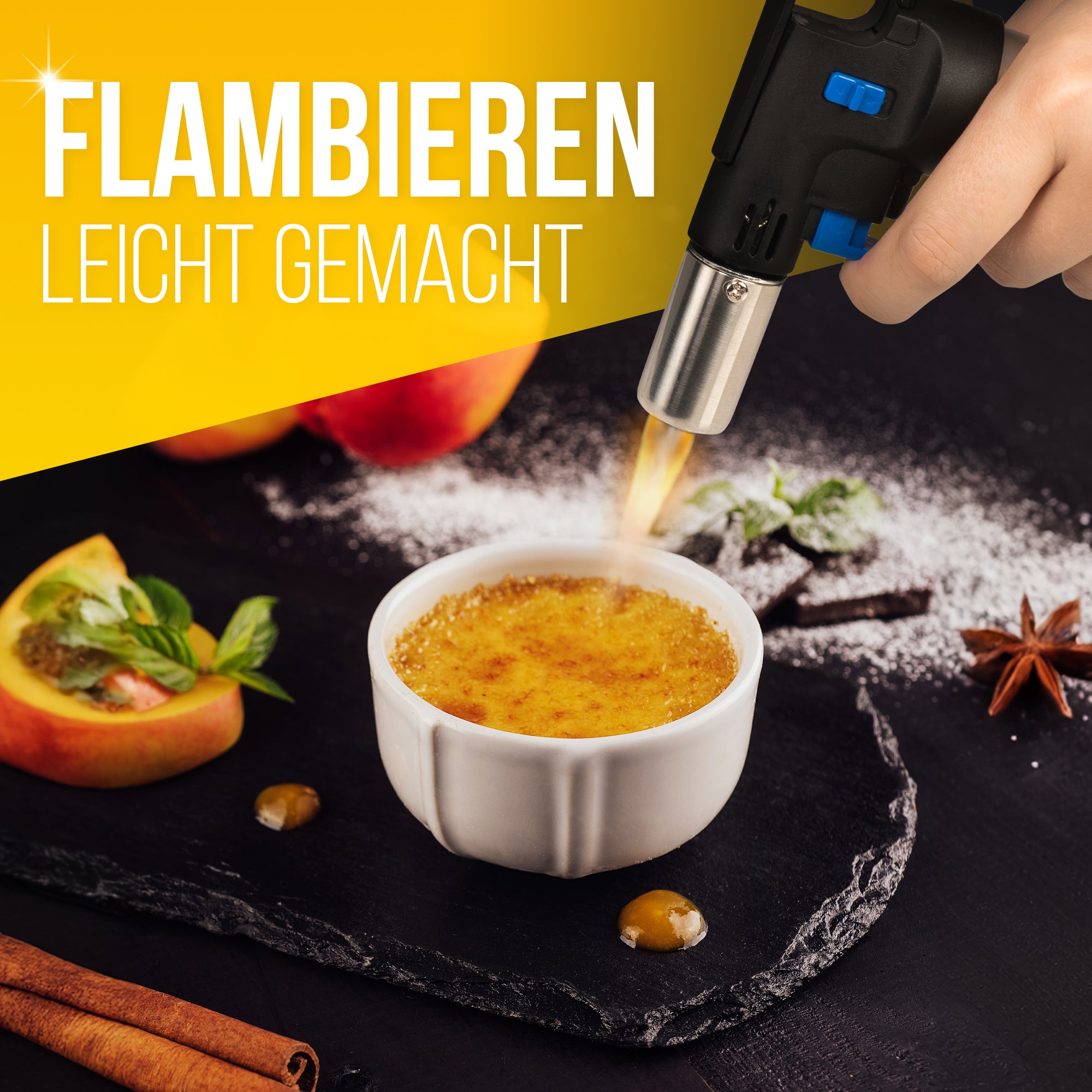Premium Flambierbrenner inkl. Feuerzeuggas – Leistungsstark, Sicher & Handlich für Präzises Flambieren und Karamellisieren