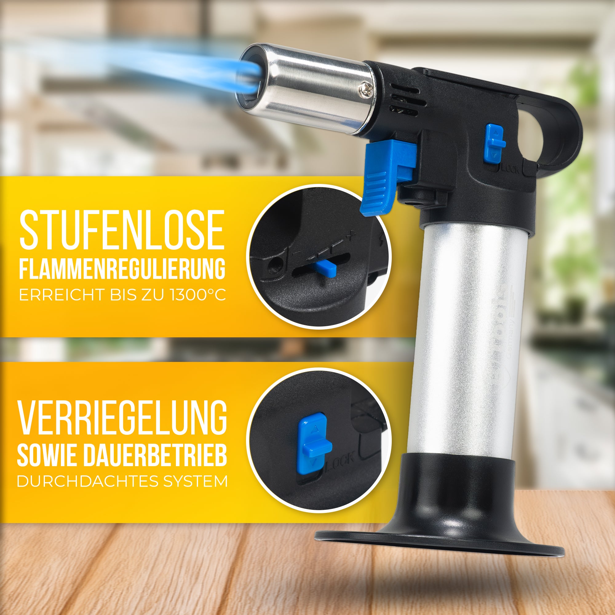 Premium Flambierbrenner inkl. Feuerzeuggas – Leistungsstark, Sicher & Handlich für Präzises Flambieren und Karamellisieren