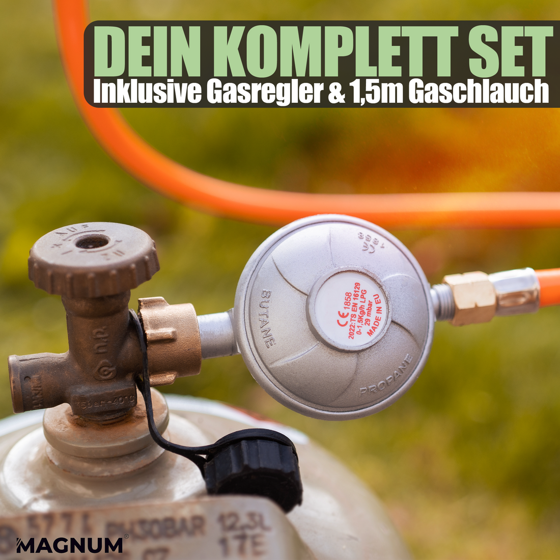 STAHLMANN® Druckminderer für Gasflasche 50mbar inkl. Gasschlauch 1,5m