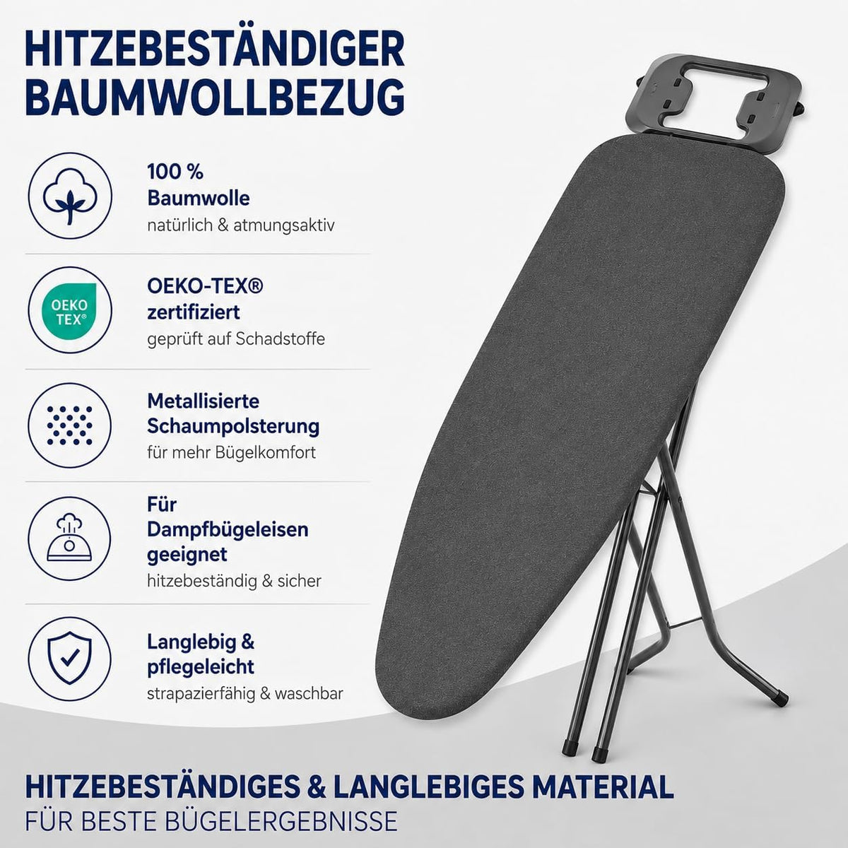 STAHLMANN® Bügelbrett schwarz 110 × 32 cm – 4-fach höhenverstellbar & klappbar