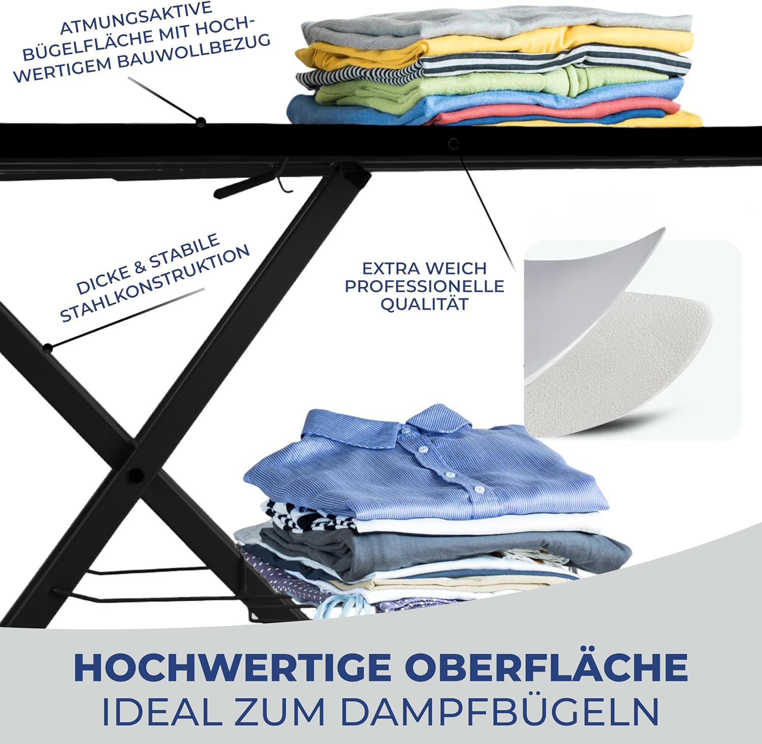 STAHLMANN® XXL Bügelbrett 130x48 cm – Für Dampfbügelstation – inkl. Ärmelbrett – 100 % Baumwollbezug – extra stabil – Made in EU