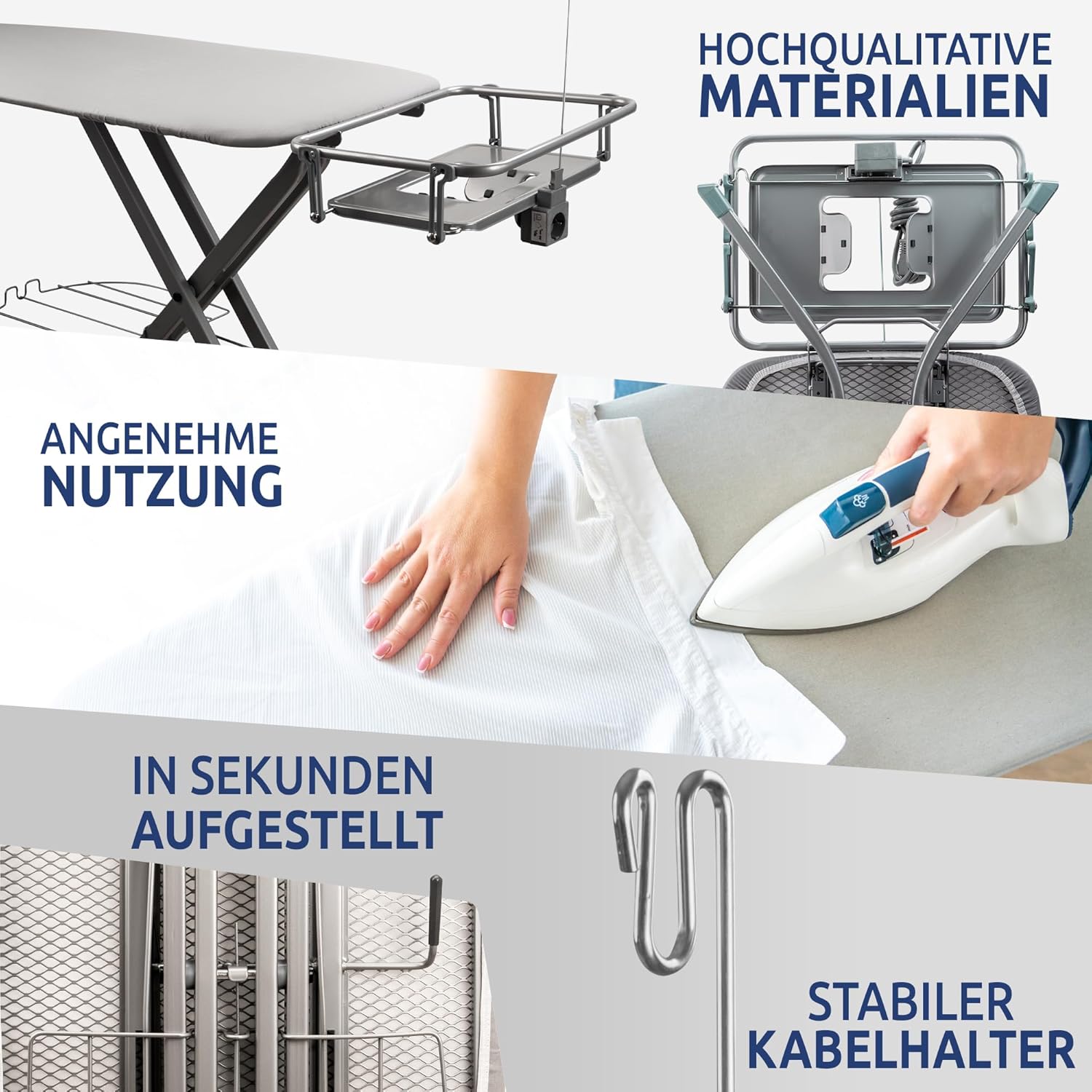 STAHLMANN® XXL Bügelbrett 130x42 cm – Für Dampfbügelstation – 100 % Baumwollbezug – extra stabil – Made in EU