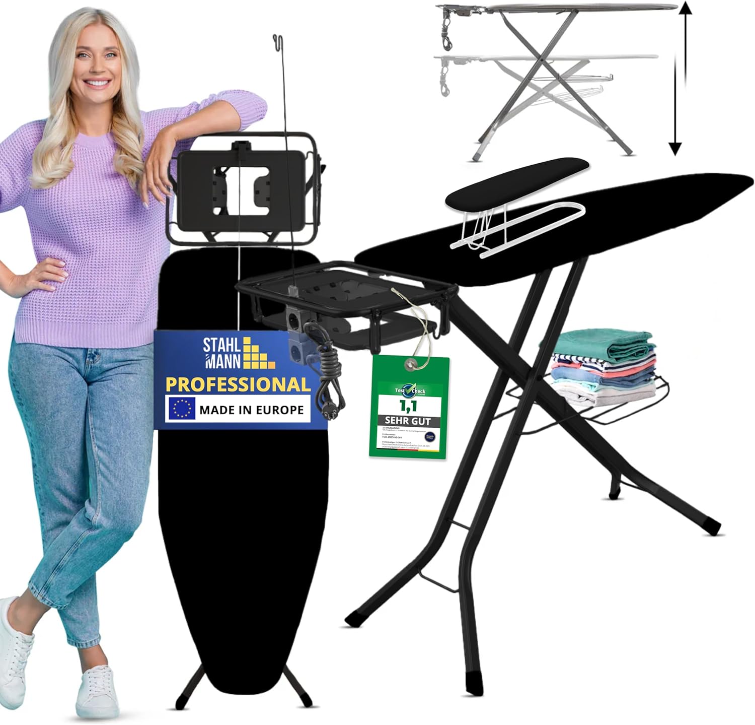 STAHLMANN® XXL Bügelbrett 130x48 cm – Für Dampfbügelstation – inkl. Ärmelbrett – 100 % Baumwollbezug – extra stabil – Made in EU