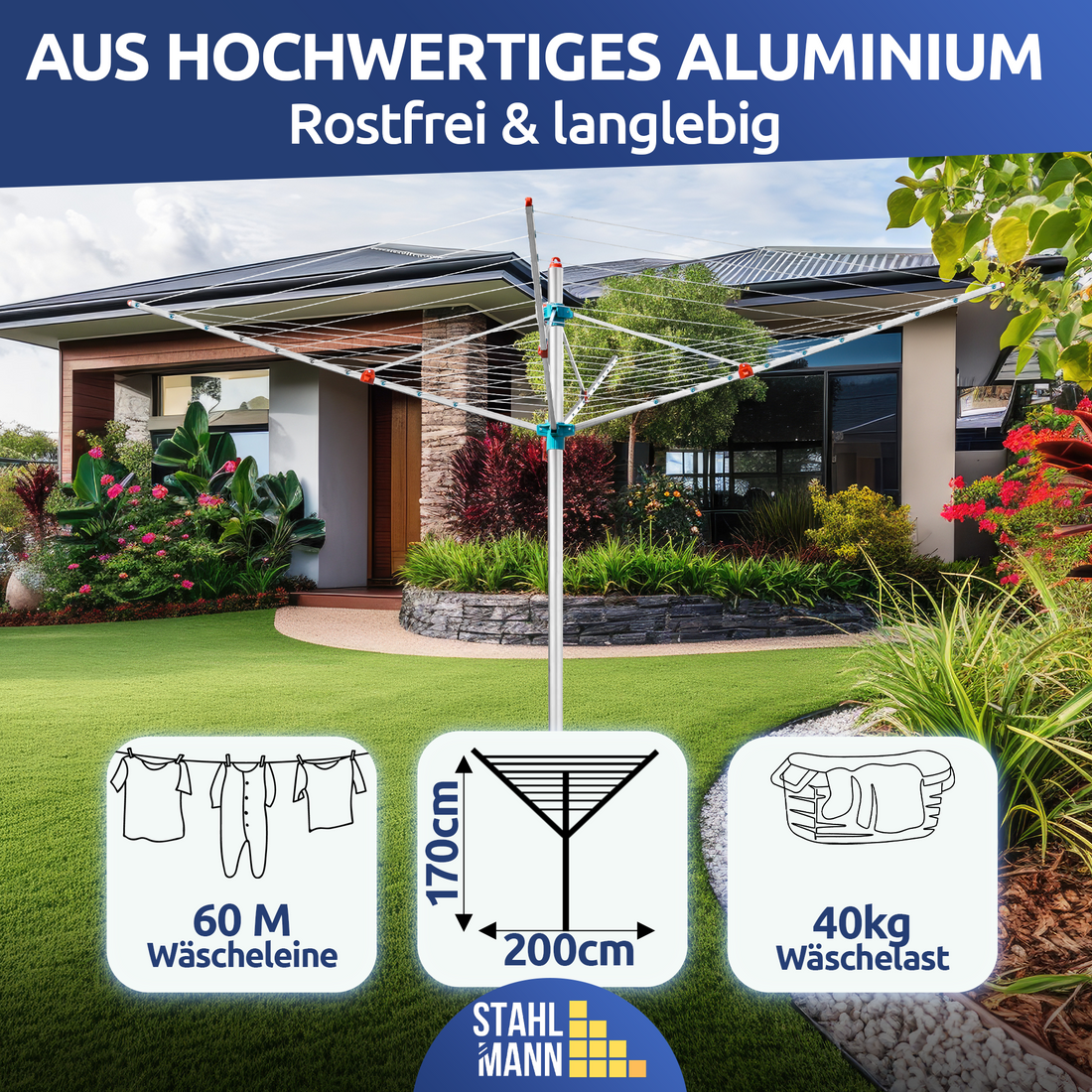 Wäschespinne 60m Made in Germany – 40kg Traglast, wetterfest & ergonomisch