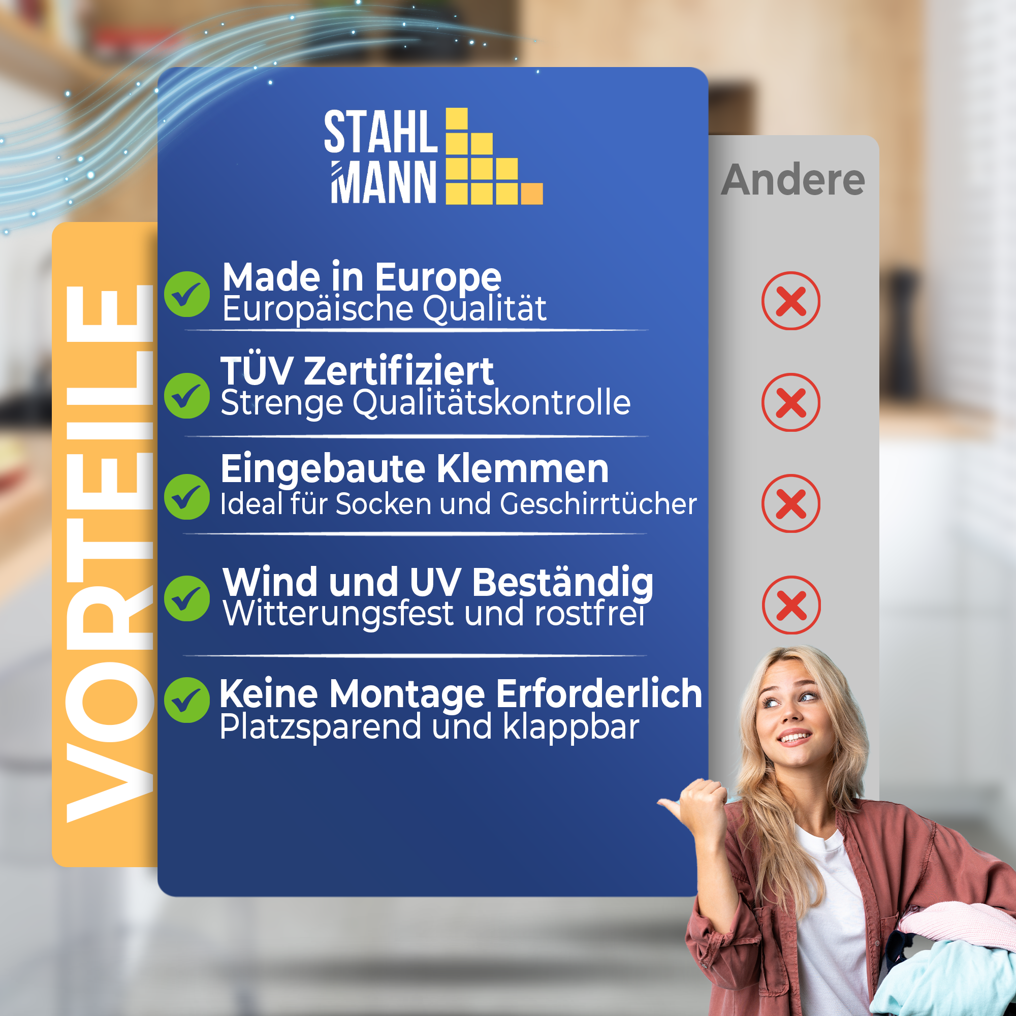 STAHLMANN® Magic Teleskop Wäscheständer ausziehbar – 20m Trockenfläche – platzsparend kompakt – Indoor Outdoor Balkon