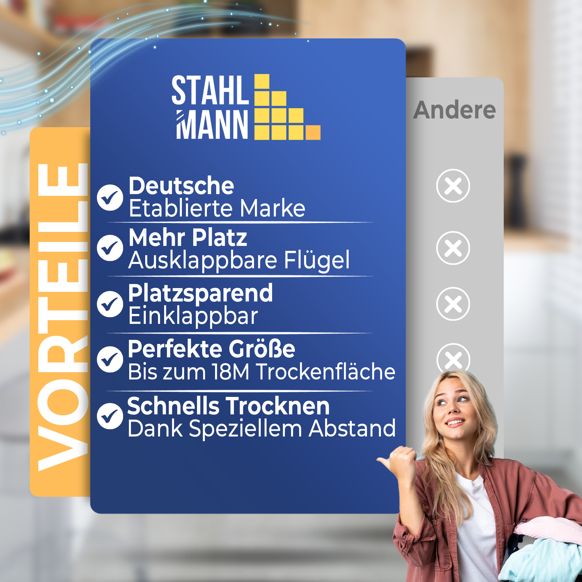Stahlmann Astra White/Blue Standtrockner - 18 m Trockenfläche Klappbar