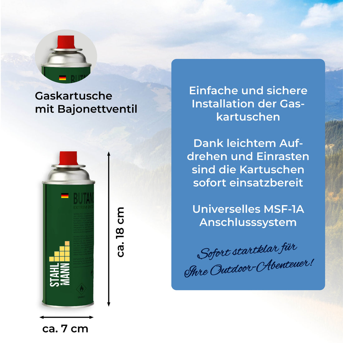 STAHLMANN® Butangaskartuschen 227g – Abgefüllt in EU – für Camping, Küche & Outdoor – 100 % dicht & leistungsstark – mit Sicherheitsventil