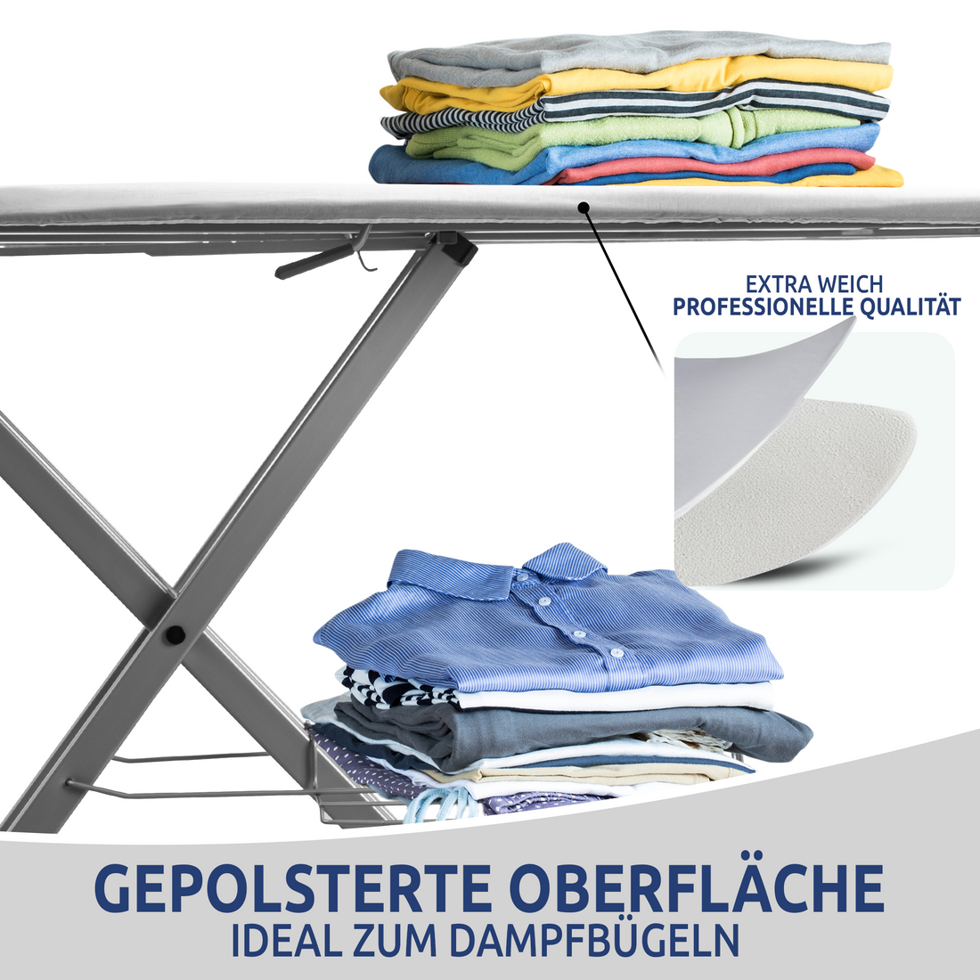 STAHLMANN® XXL Bügelbrett 120x38 cm – Für Dampfbügelstation – TÜV-zertifiziert – 100 % Baumwollbezug – extra stabil – Made in EU