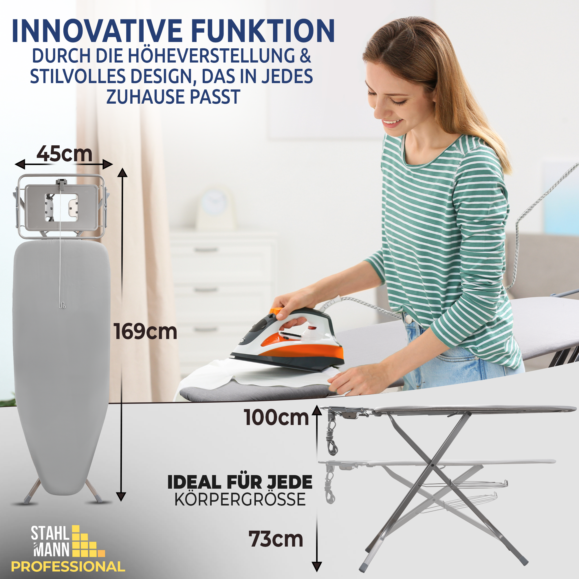 STAHLMANN® XXL Bügelbrett 130x48 cm – Für Dampfbügelstation – TÜV-zertifiziert – 100 % Baumwollbezug – extra stabil – Made in EU