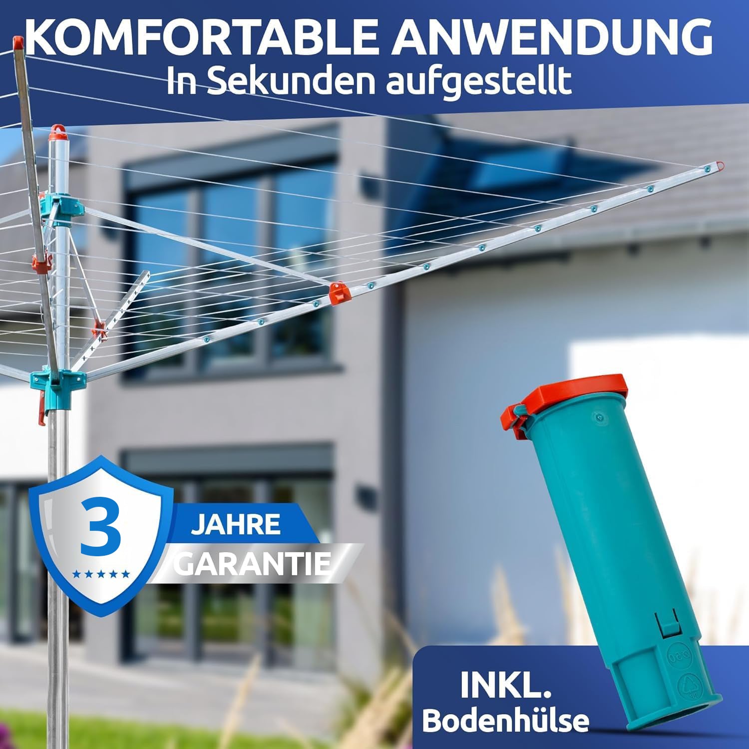 Gemaakt in Duitsland. Draaibare waslijn met een lengte van 60 meter.