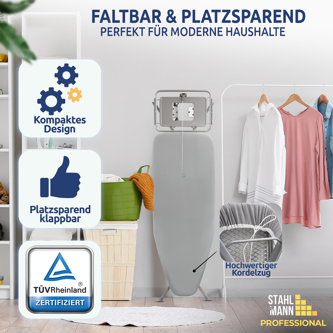 STAHLMANN® XXL Bügelbrett 130x48 cm – Für Dampfbügelstation – TÜV-zertifiziert – 100 % Baumwollbezug – extra stabil – Made in EU
