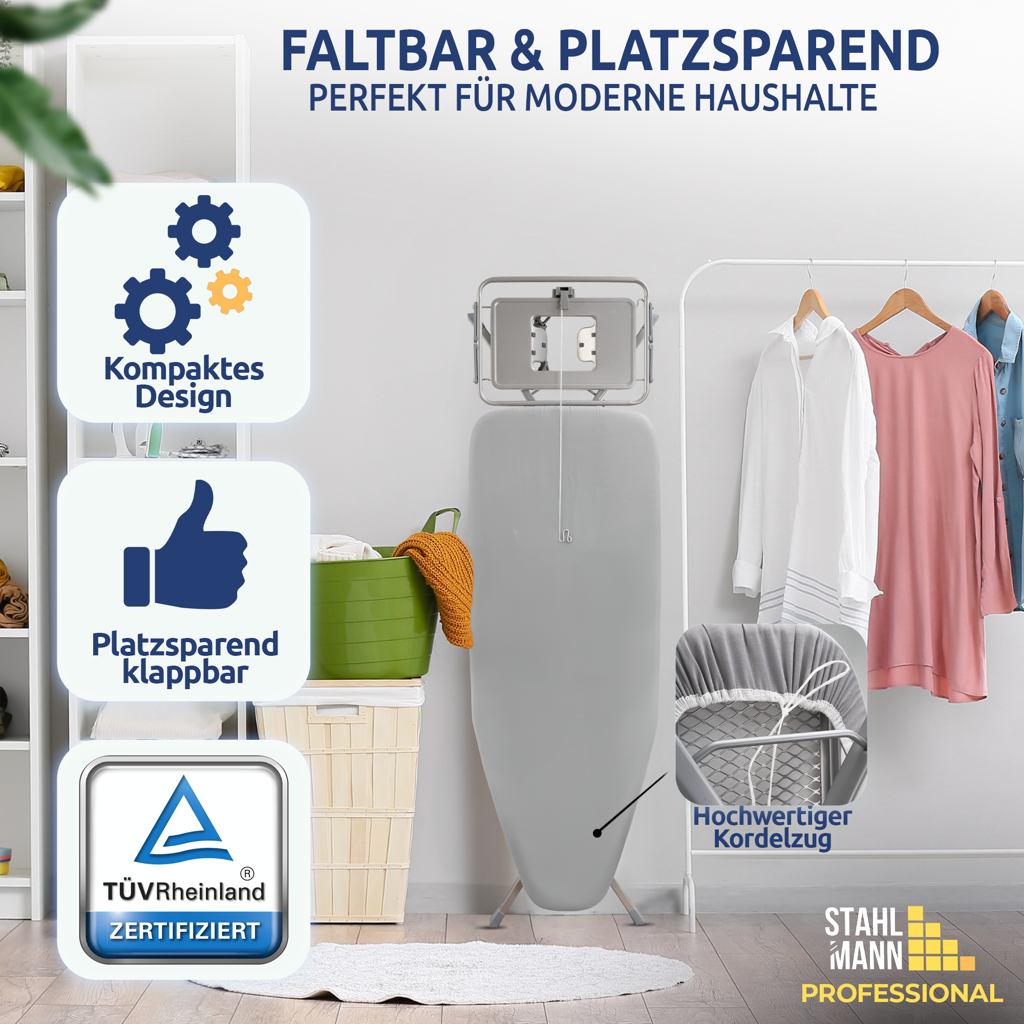 STAHLMANN® XXL Bügelbrett 130x42 cm – Für Dampfbügelstation – TÜV-zertifiziert – 100 % Baumwollbezug – extra stabil – Made in EU