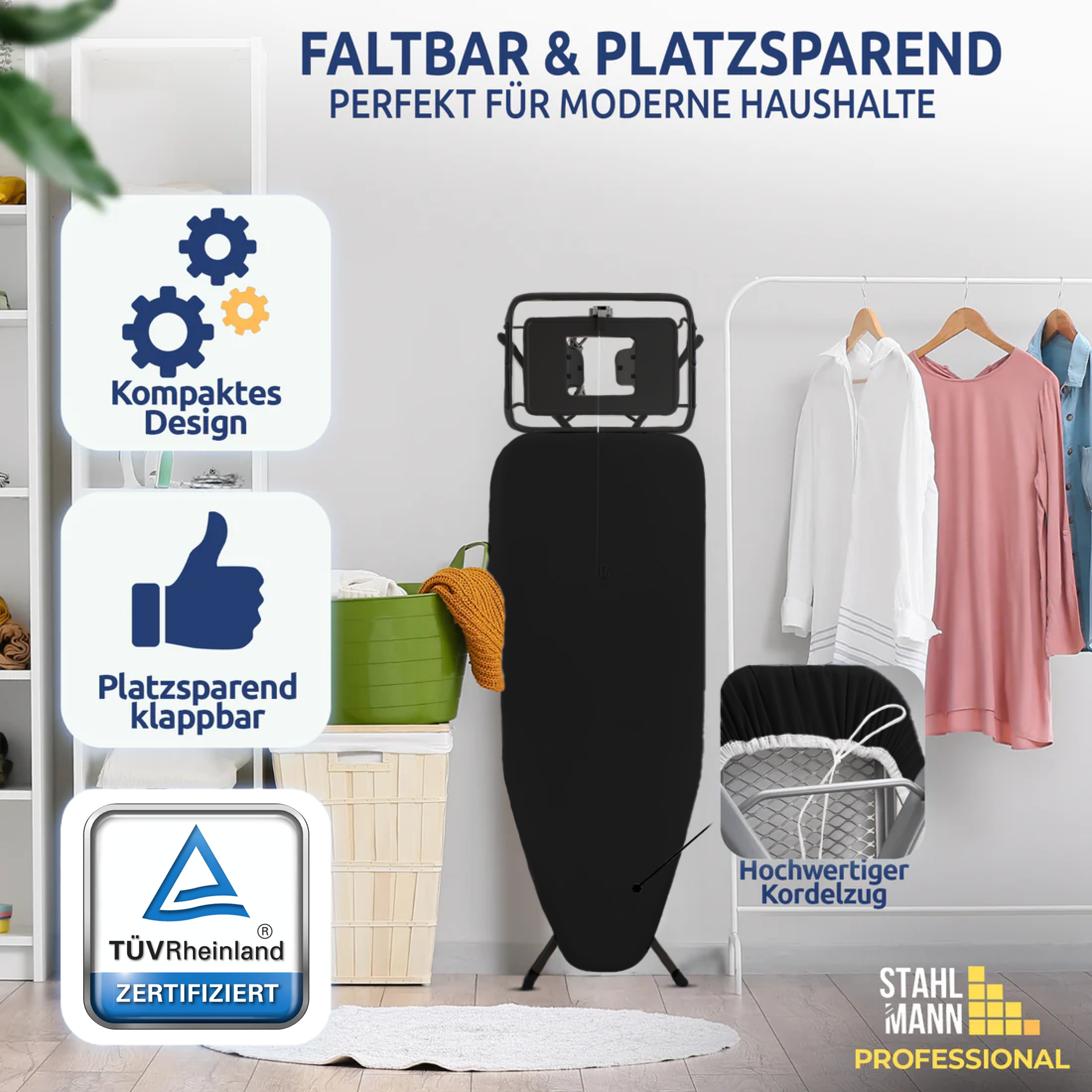 STAHLMANN® XXL Bügelbrett 130x48 cm – Für Dampfbügelstation – inkl. Ärmelbrett – 100 % Baumwollbezug – extra stabil – Made in EU