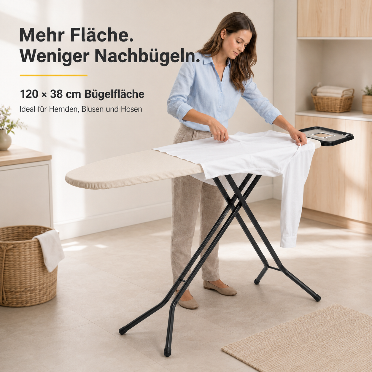 STAHLMANN Granada Bügelbrett 120 × 38 cm – höhenverstellbar, mit Turbobezug und Ablage für Dampfbügelstationen – Made in EU