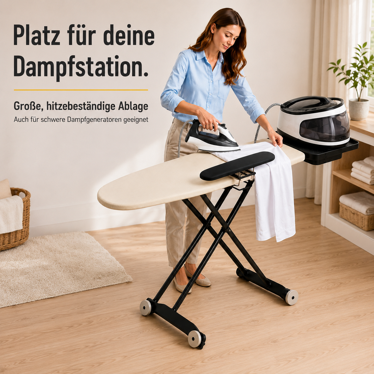 STAHLMANN® Excellence Lux Bügelbrett 132 × 46 cm – mit Ärmelbrett, Rollen & XXL-Ablage für Dampfbügelstationen