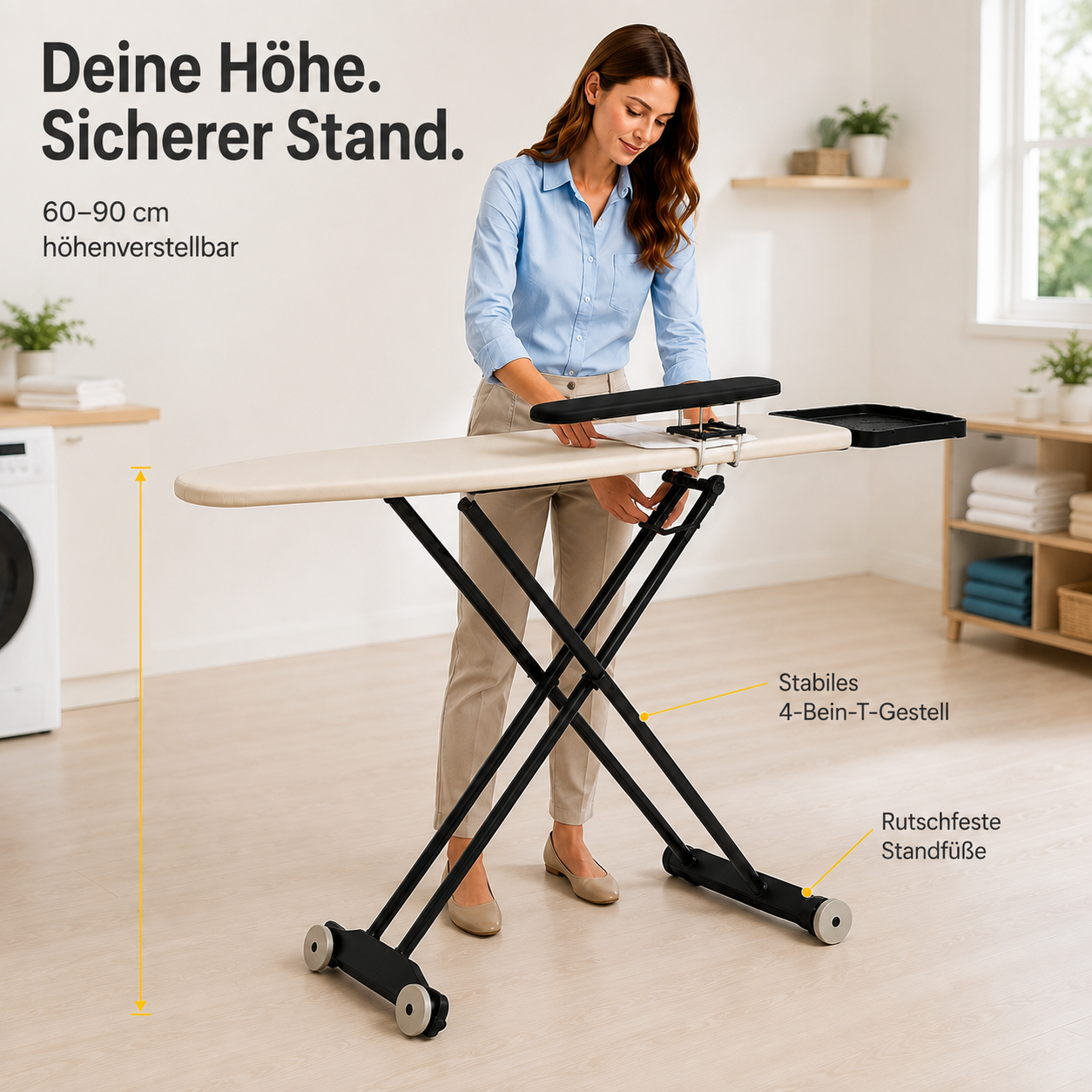 STAHLMANN® Excellence Lux Bügelbrett 132 × 46 cm – mit Ärmelbrett, Rollen & XXL-Ablage für Dampfbügelstationen