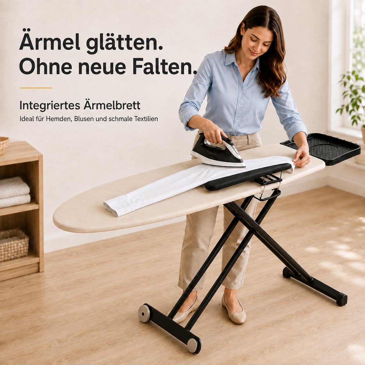 STAHLMANN® Excellence Lux Bügelbrett 132 × 46 cm – mit Ärmelbrett, Rollen & XXL-Ablage für Dampfbügelstationen