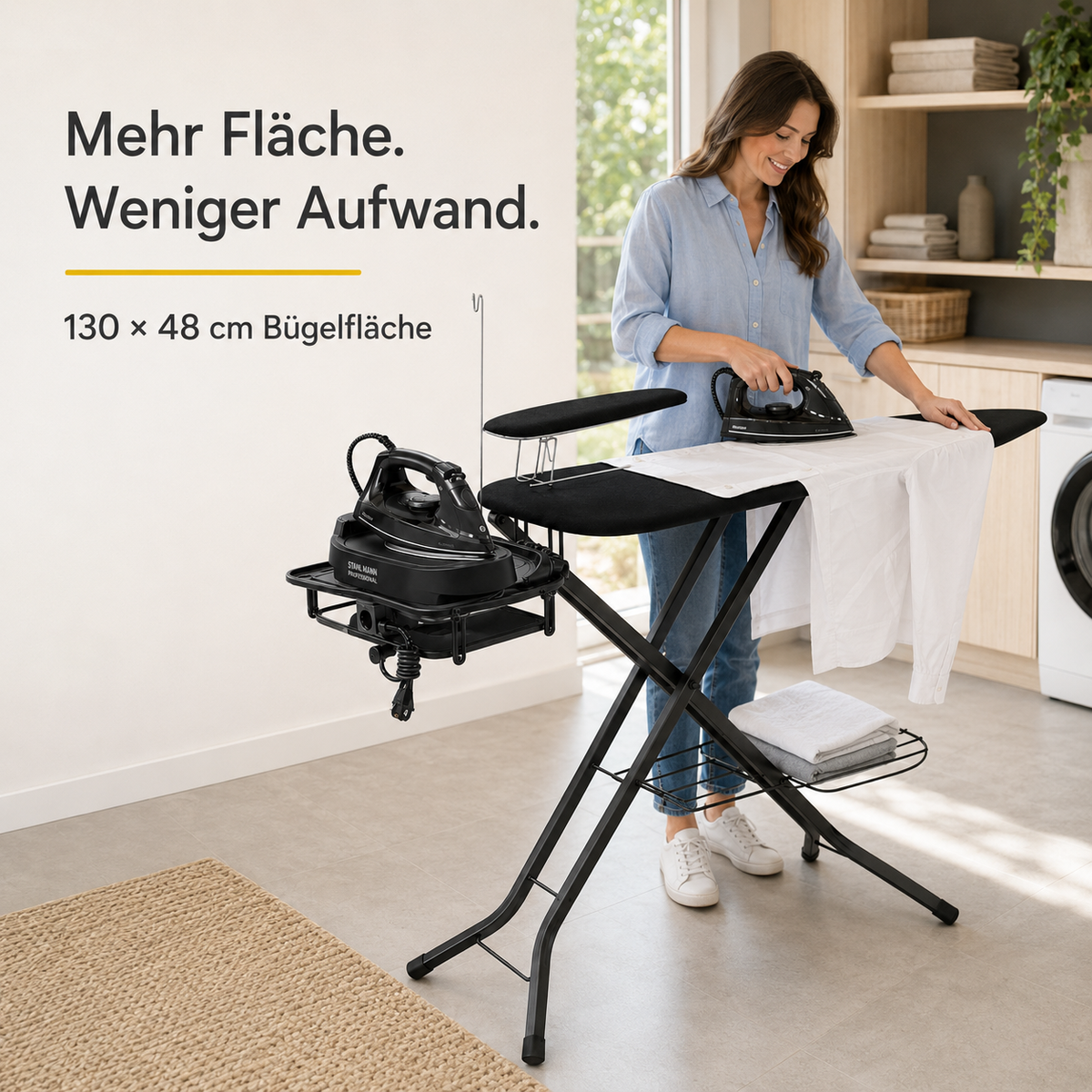 STAHLMANN® XXL Bügelbrett 130x48 cm – Für Dampfbügelstation – inkl. Ärmelbrett – 100 % Baumwollbezug – extra stabil – Made in EU
