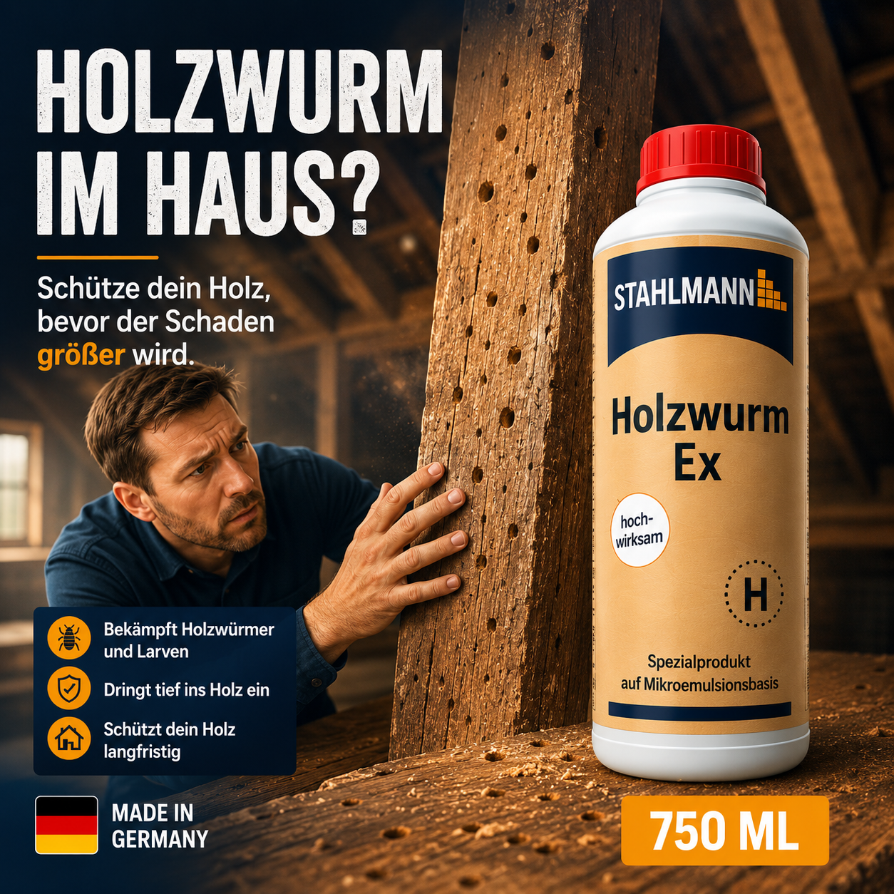 STAHLMANN® Holzwurm Ex 750 ml – Holzwurmmittel innen | Larven & Käfer | Made in Germany
