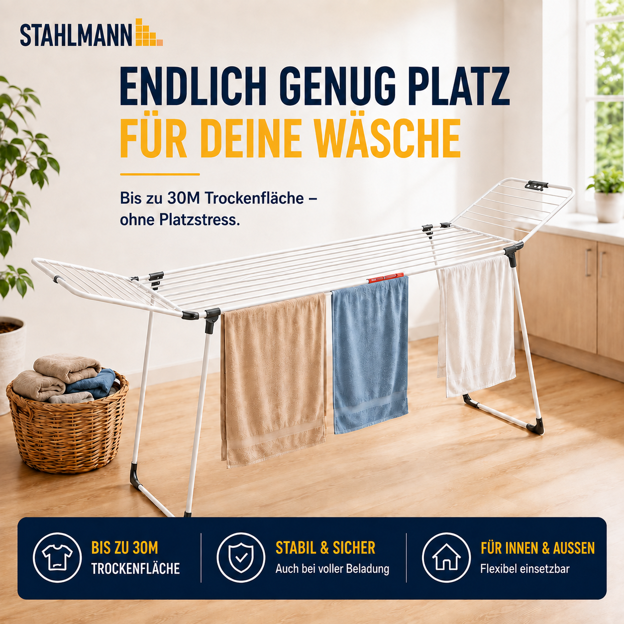 STAHLMANN® Wäscheständer ausziehbar mit Flügeln – 30 m Trockenfläche, klappbar, weiß