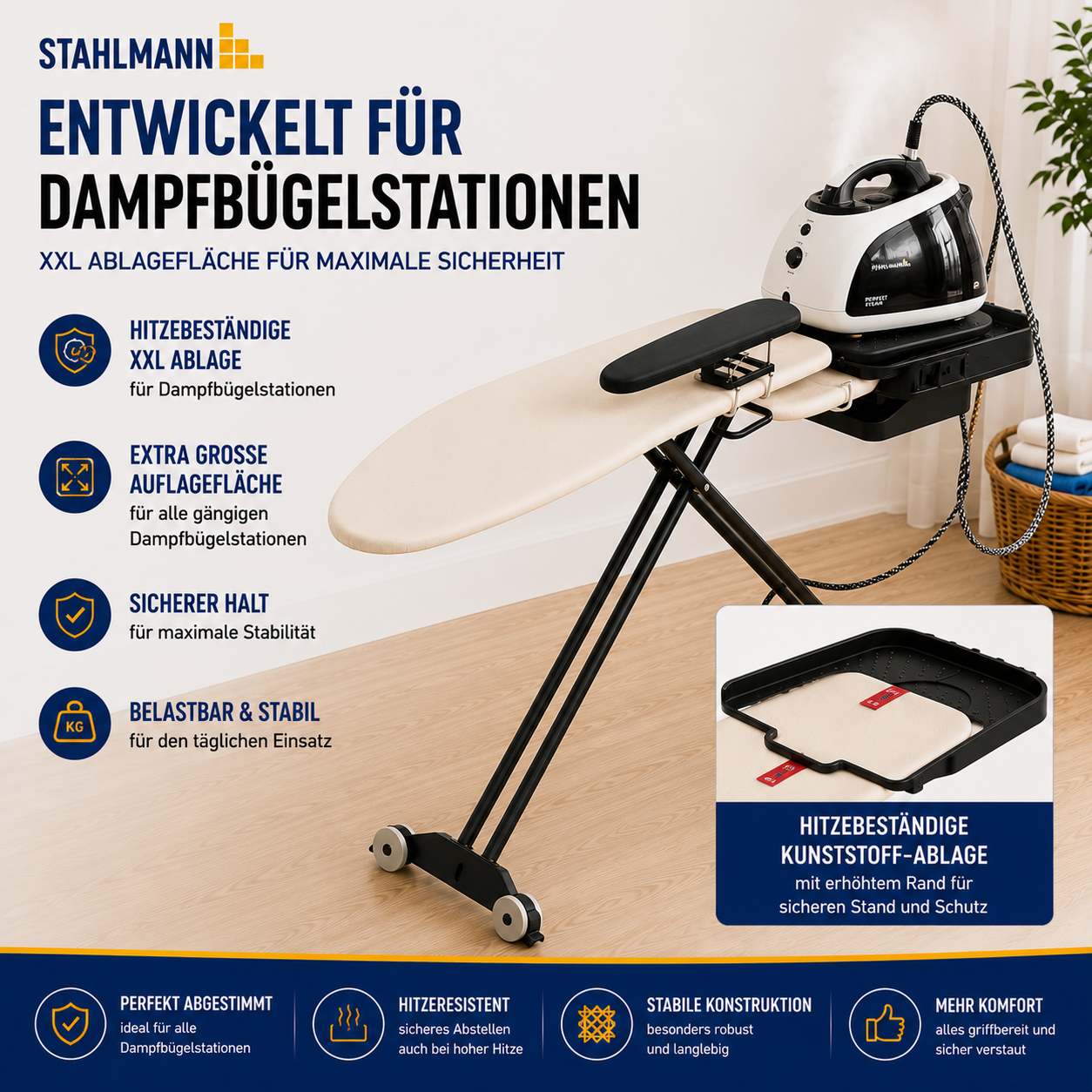 Stahlmann Bügelbrett 132 × 46 cm – mit Ärmelbrett | Made in EU | für Dampfbügelstation
