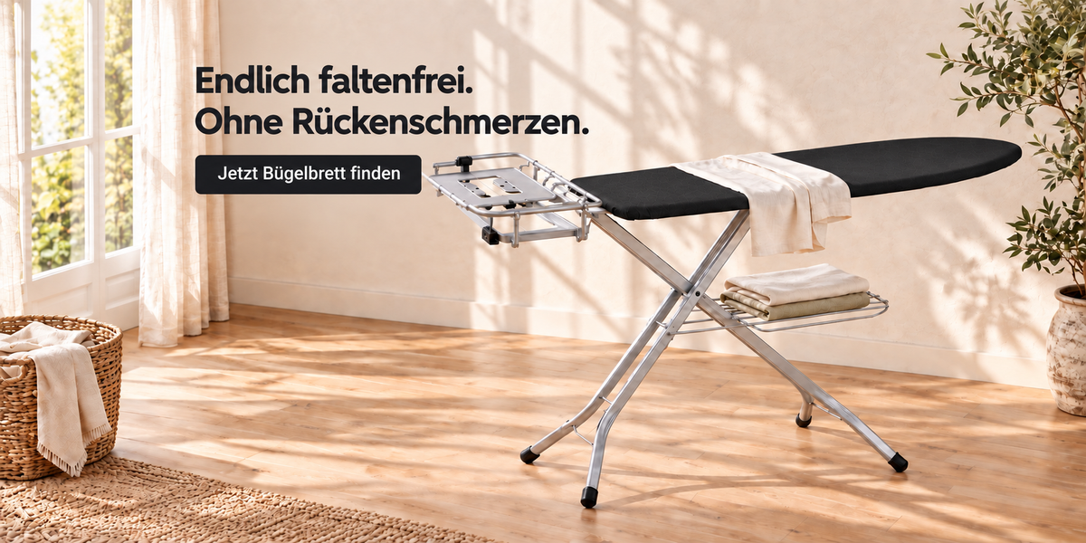 STAHLMANN Bügelbrett im hellen Wohnraum: Endlich faltenfrei. Ohne Rückenschmerzen. Jetzt Bügelbrett finden
