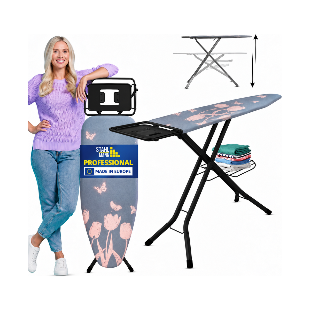 STAHLMANN® XL Strijkplank 120x42 cm – In hoogte verstelbaar & stabiel – Katoenen hoes – Voor stoomstrijkstations – Gemaakt in de EU