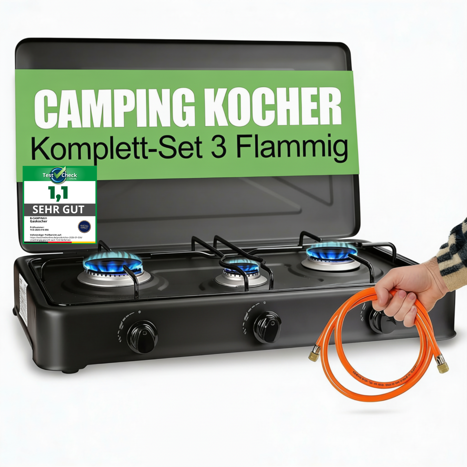 B-Camping 3-Flammen Gaskocher für Innenräume 4,35 kW – Camping Komplett-Set mit Druckregler & Schlauch