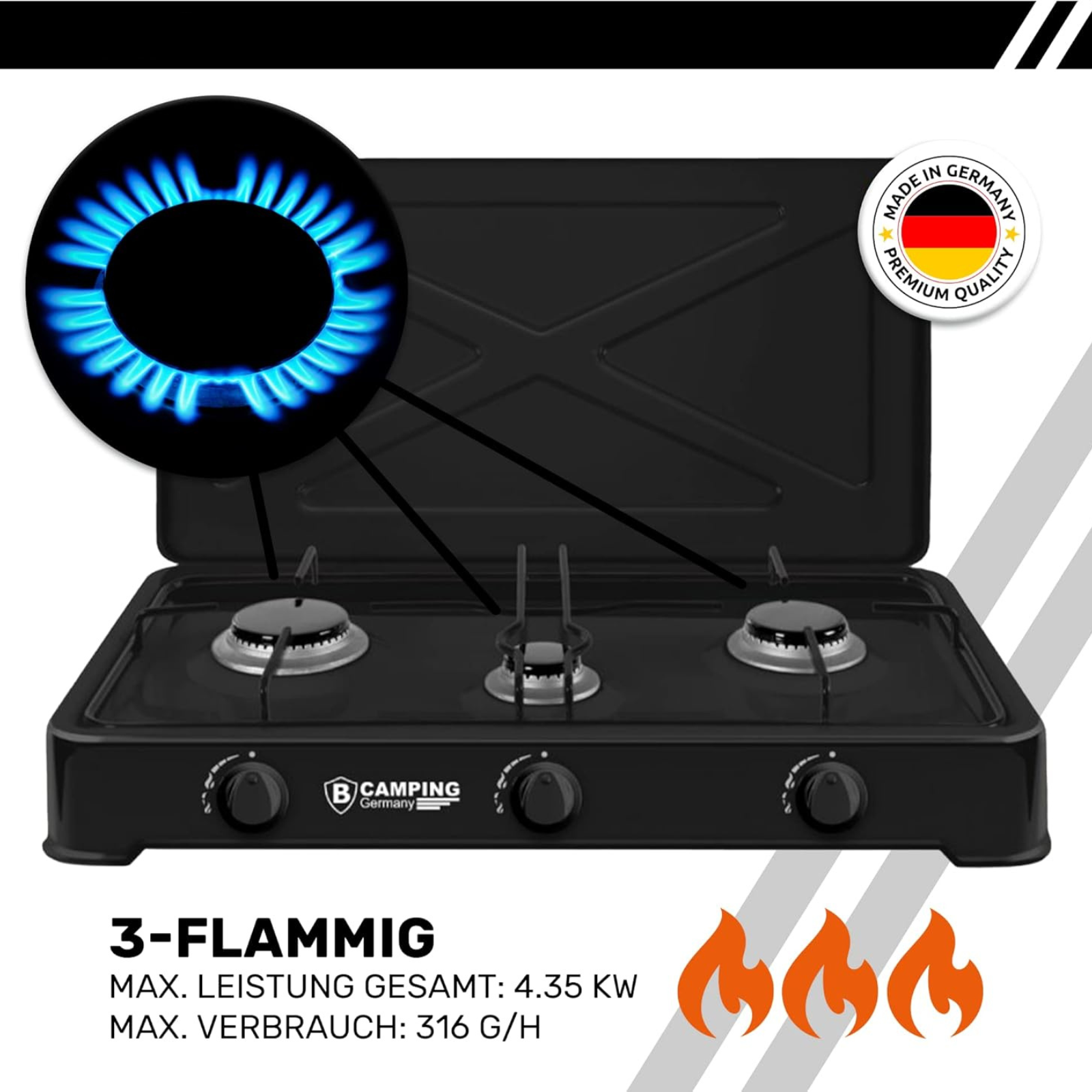B-Camping 3-Flammen Gaskocher für Innenräume 4,35 kW – Camping Komplett-Set mit Druckregler & Schlauch