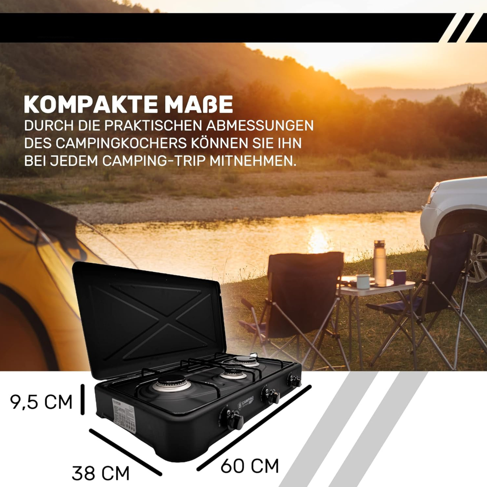 B-Camping 3-Flammen Gaskocher für Innenräume 4,35 kW – Camping Komplett-Set mit Druckregler & Schlauch