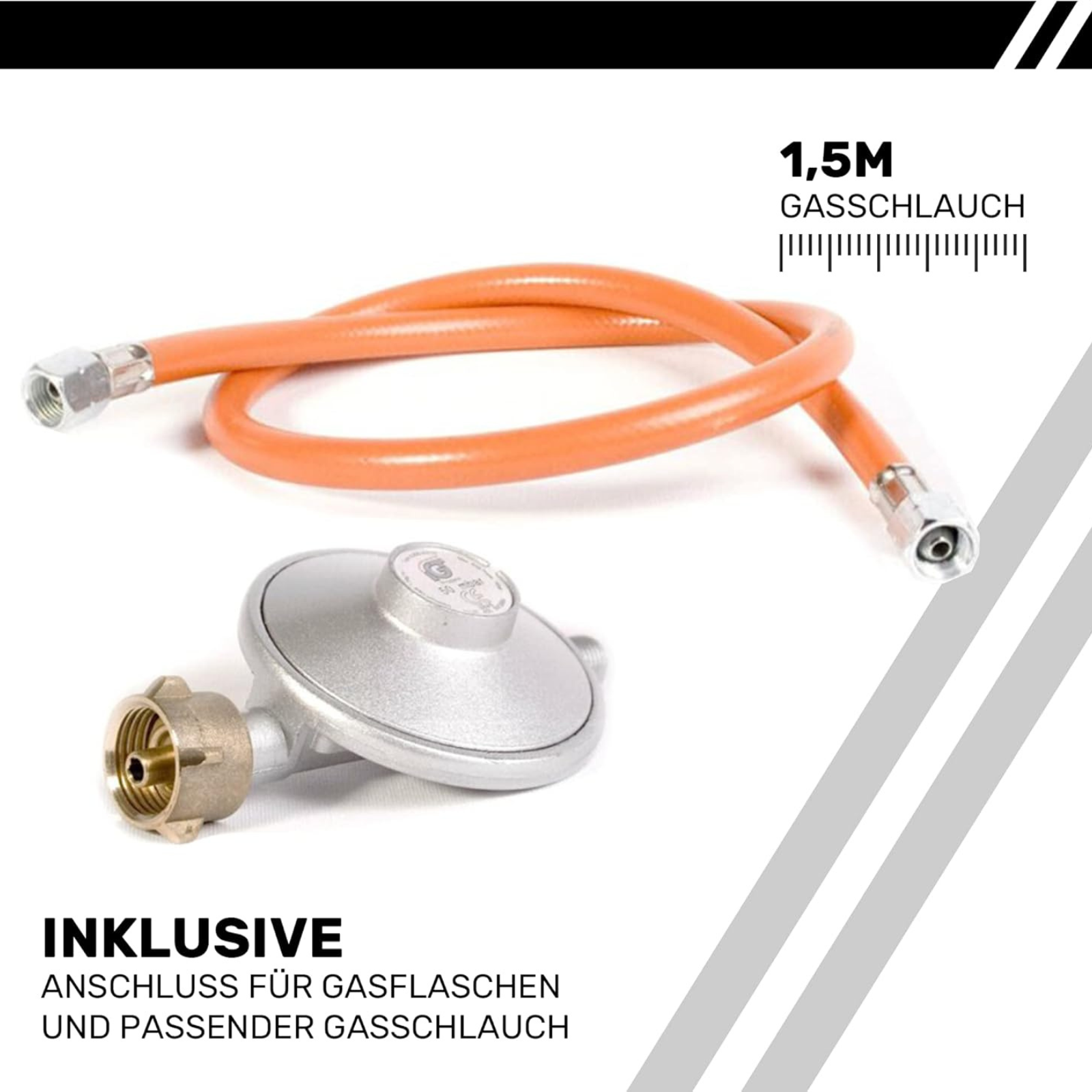 B-Camping 3-Flammen Gaskocher für Innenräume 4,35 kW – Camping Komplett-Set mit Druckregler & Schlauch