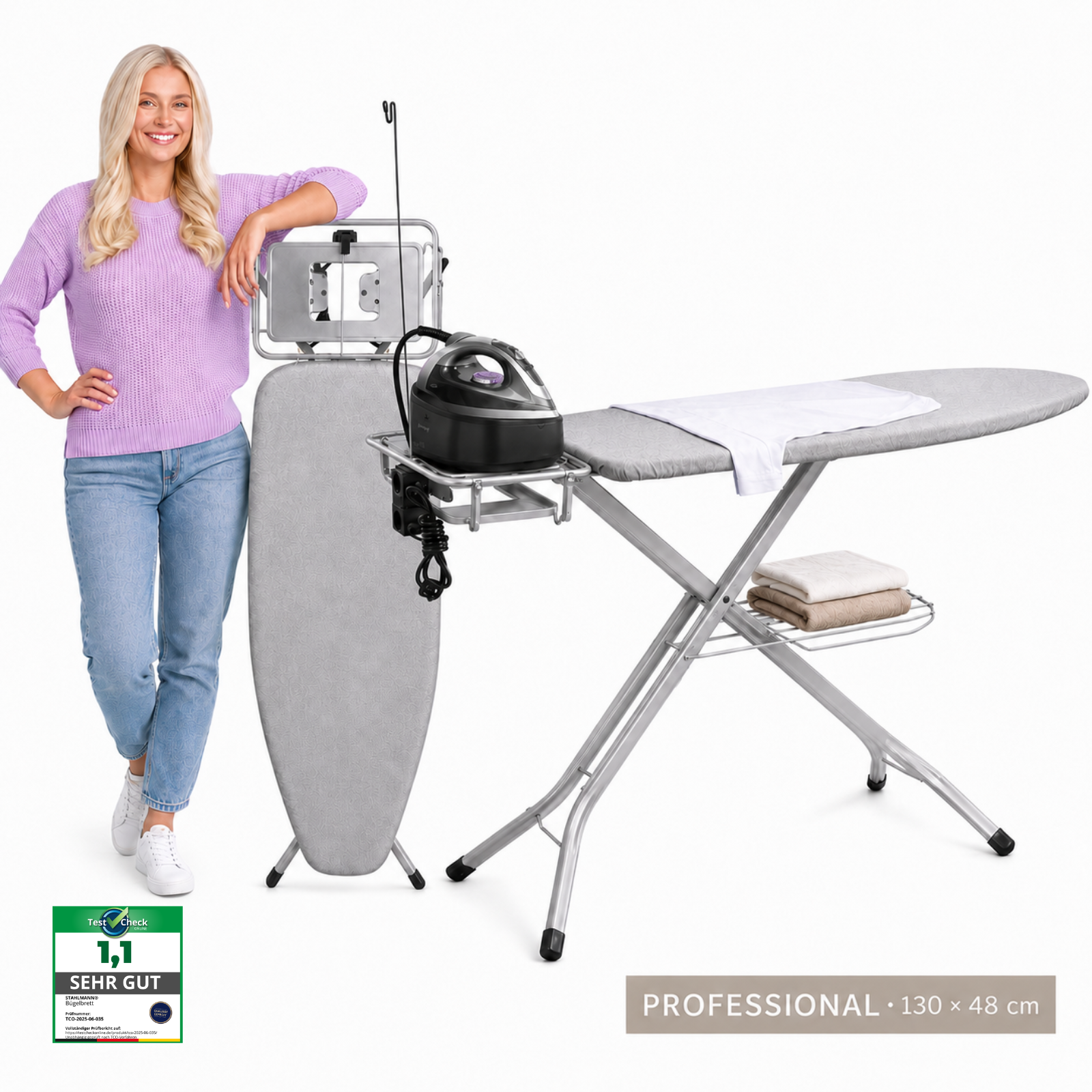 STAHLMANN® XXL Strijkplank 120x38 cm – Voor stoomstrijkstations – TÜV-gecertificeerd – Hoes van 100% katoen – Extra stabiel – Gemaakt in de EU