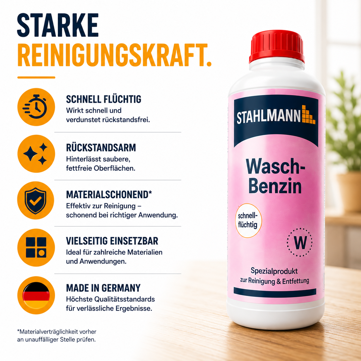 STAHLMANN Waschbenzin 1 L – Reinigungsbenzin | Fett- & Öl-Entferner | KFZ, Werkstatt, Haushalt