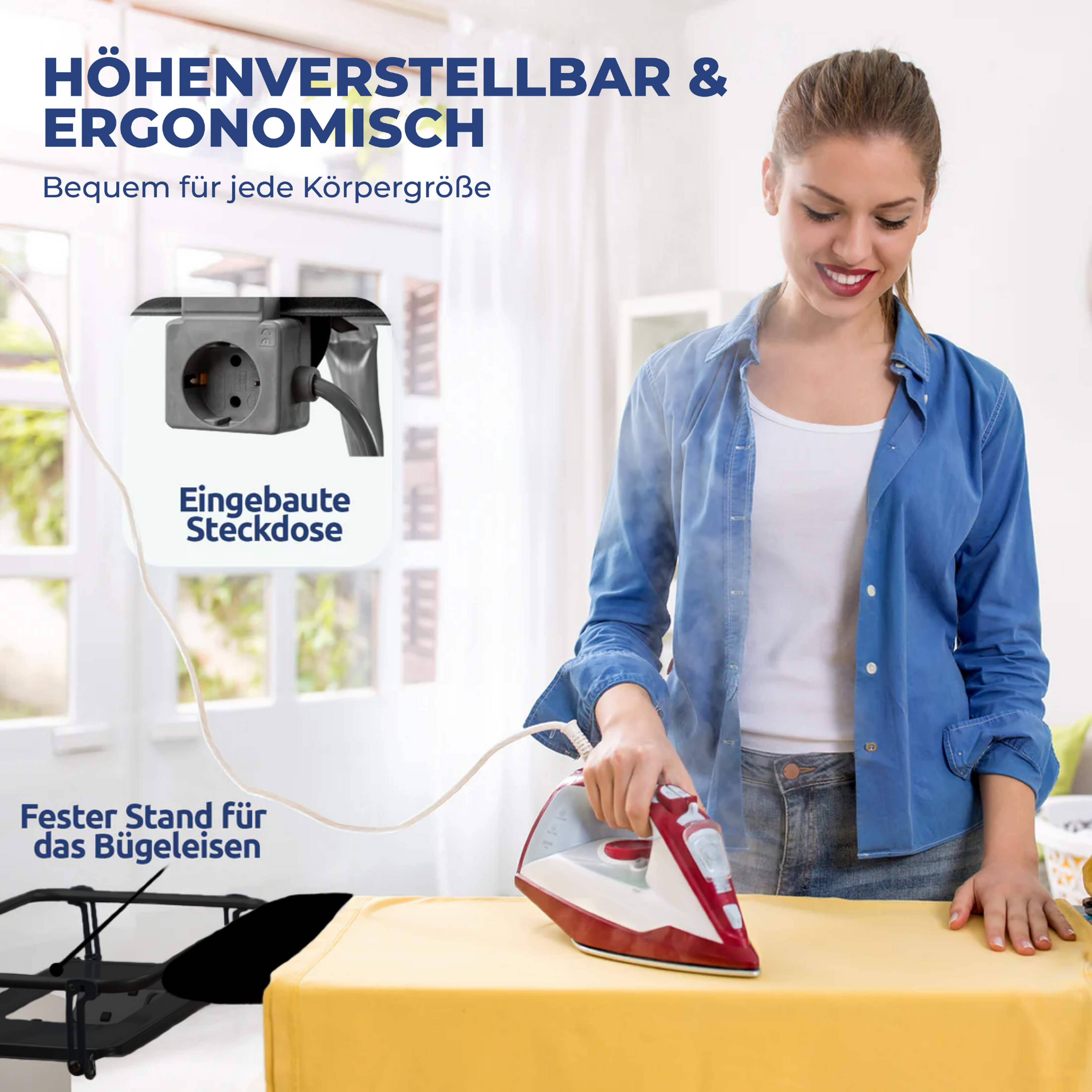 STAHLMANN® XL Bügelbrett 120x42 cm – Höhenverstellbar & stabil – Baumwollbezug – Für Dampfbügelstation – Made in EU