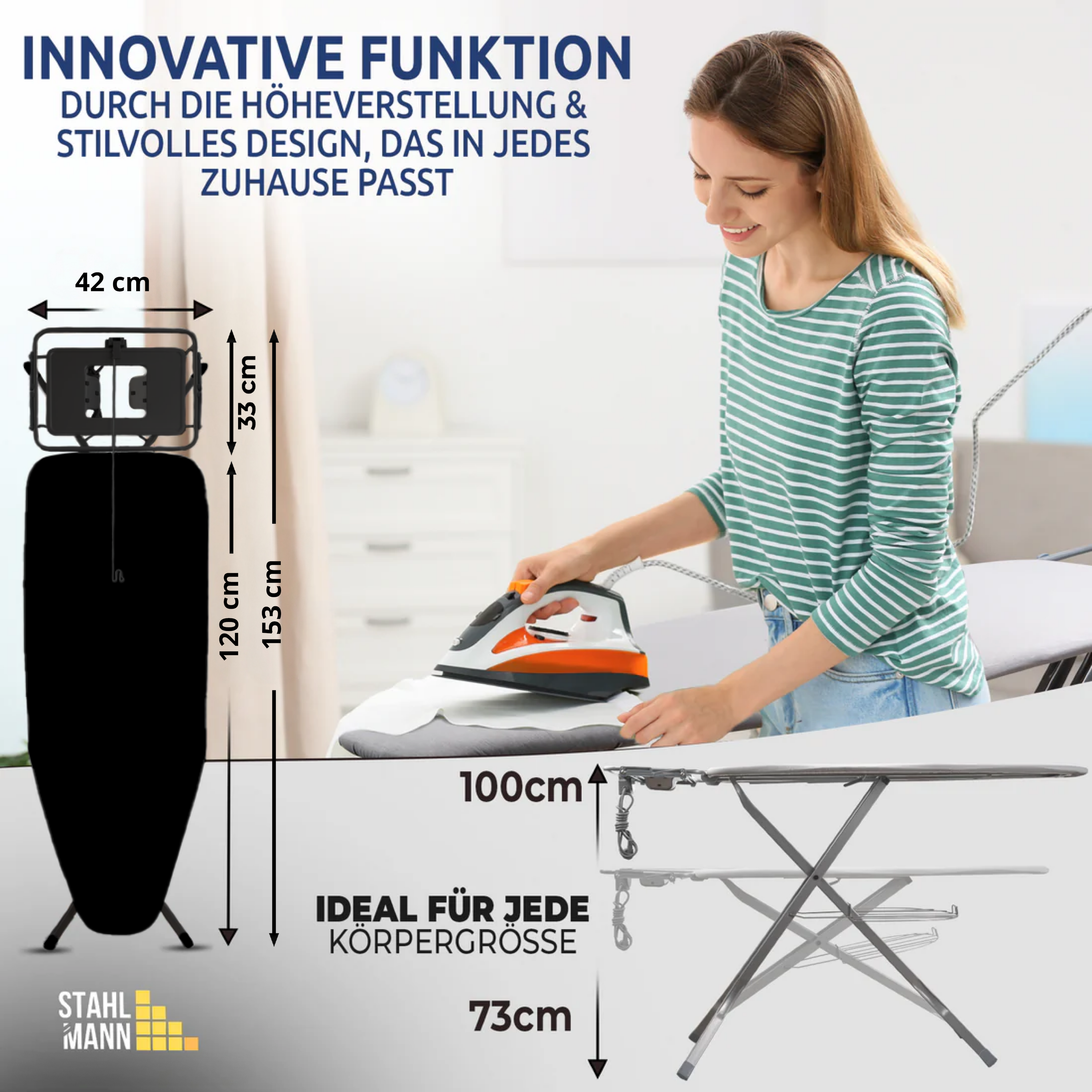 STAHLMANN® XL Bügelbrett 120x42 cm – Höhenverstellbar & stabil – Baumwollbezug – Für Dampfbügelstation – Made in EU
