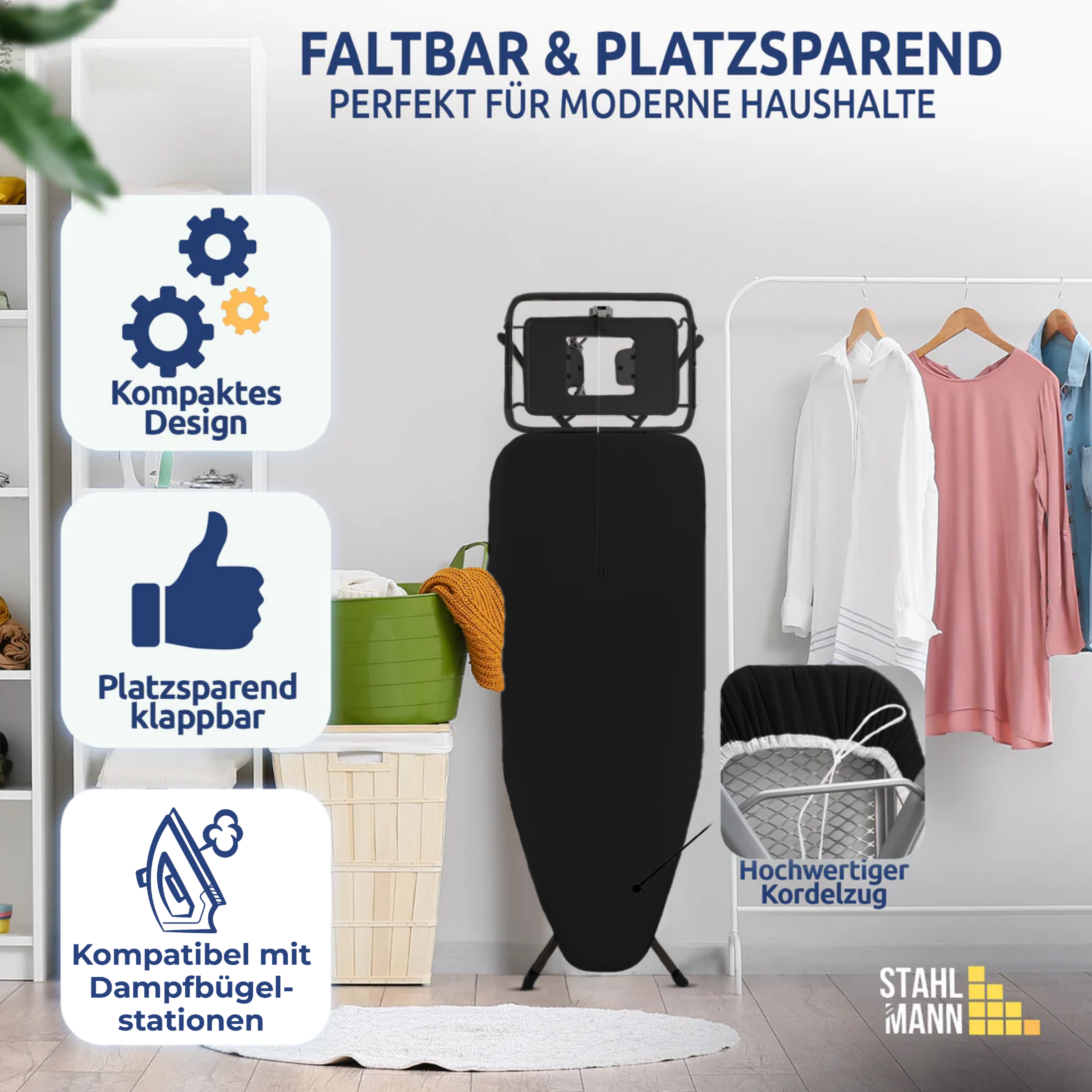 STAHLMANN® XL Bügelbrett 120x42 cm – Höhenverstellbar & stabil – Baumwollbezug – Für Dampfbügelstation – Made in EU