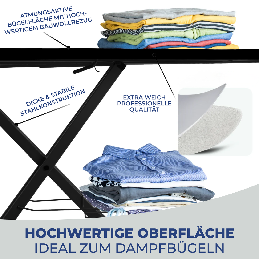 STAHLMANN® XXL Bügelbrett 130x48 cm – Für Dampfbügelstation – inkl. Ärmelbrett – 100 % Baumwollbezug – extra stabil – Made in EU