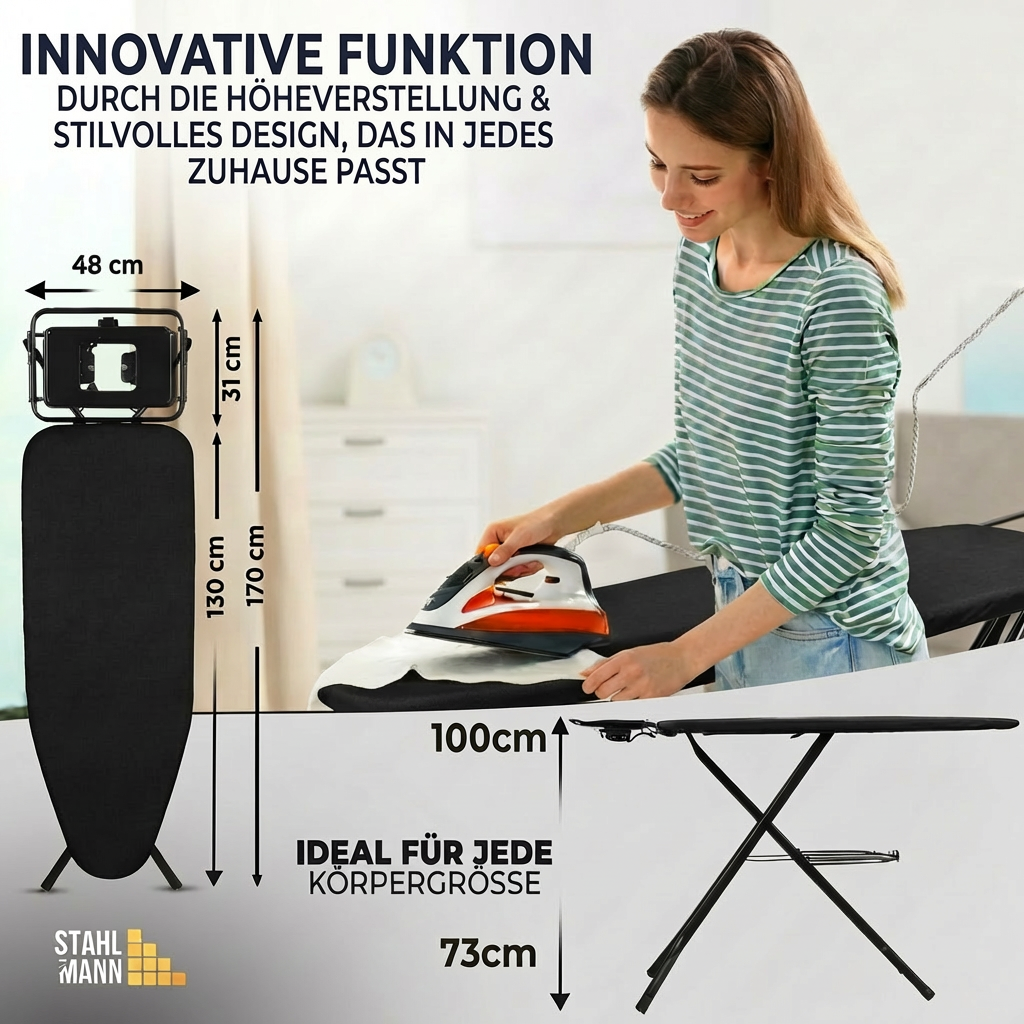 STAHLMANN® XXL Strijkplank 130x48 cm – Voor stoomstrijkstations – incl. mouwplank – 100% katoenen hoes – Extra stabiel – Gemaakt in de EU