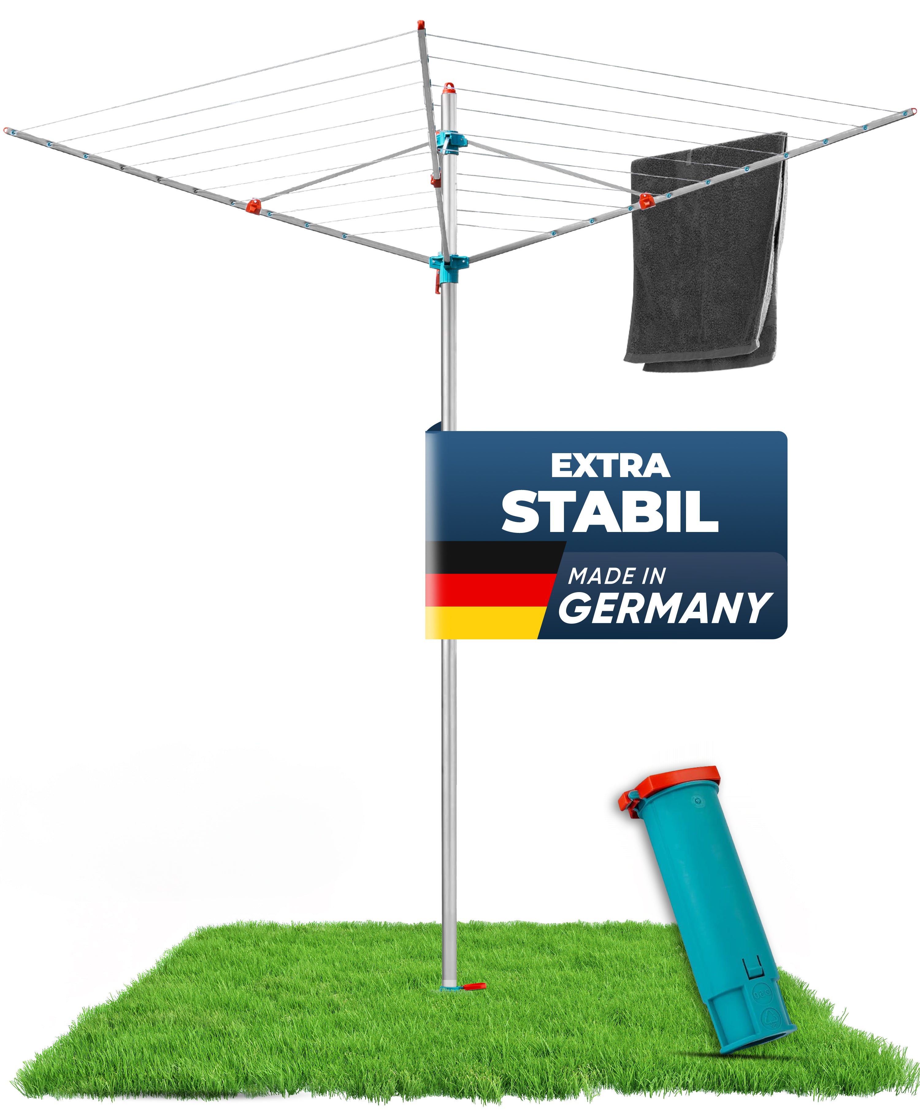 Gemaakt in Duitsland. Draaibare waslijn met een lengte van 60 meter.