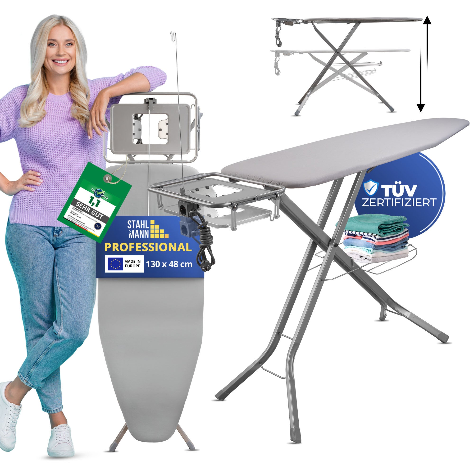 STAHLMANN® XXL Bügelbrett 130x42 cm – Für Dampfbügelstation – TÜV-zertifiziert – 100 % Baumwollbezug – extra stabil – Made in EU