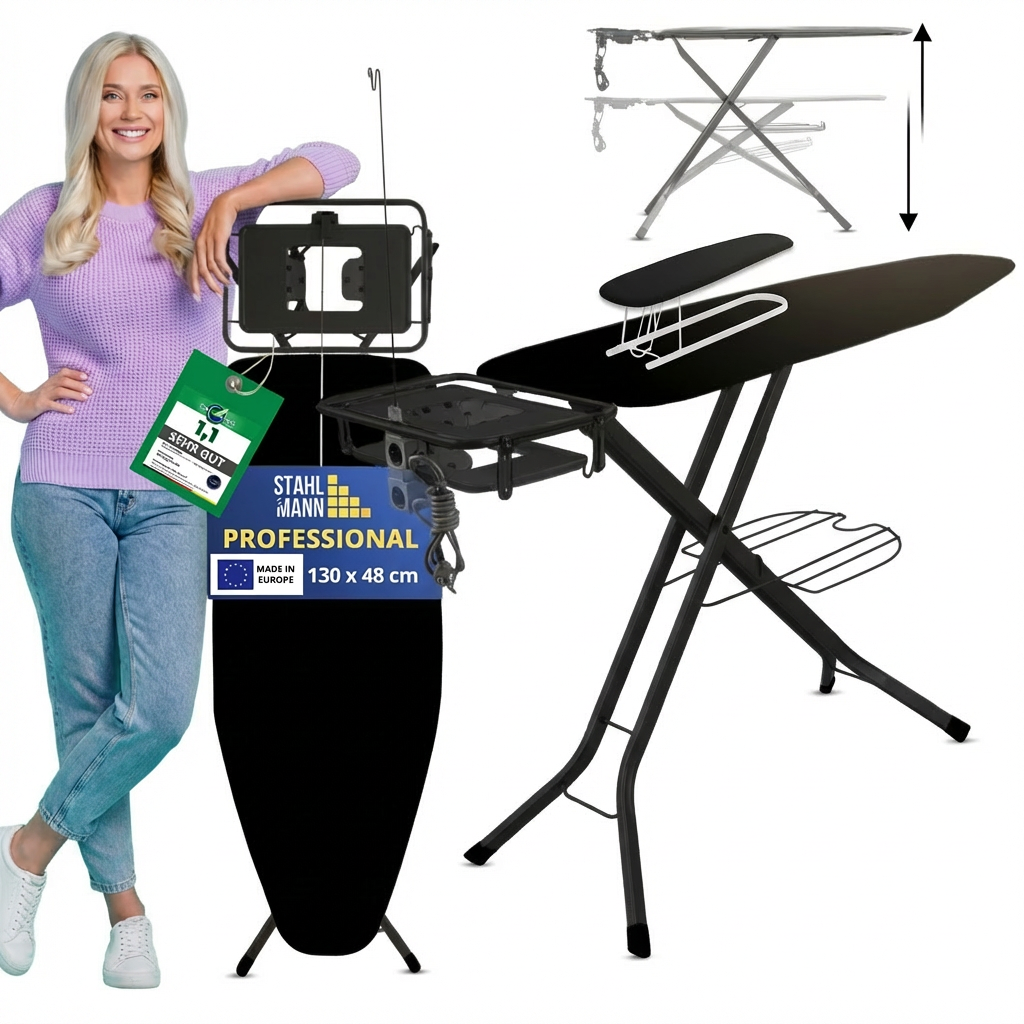 STAHLMANN® XXL Strijkplank 130x48 cm – Voor stoomstrijkstations – incl. mouwplank – 100% katoenen hoes – Extra stabiel – Gemaakt in de EU