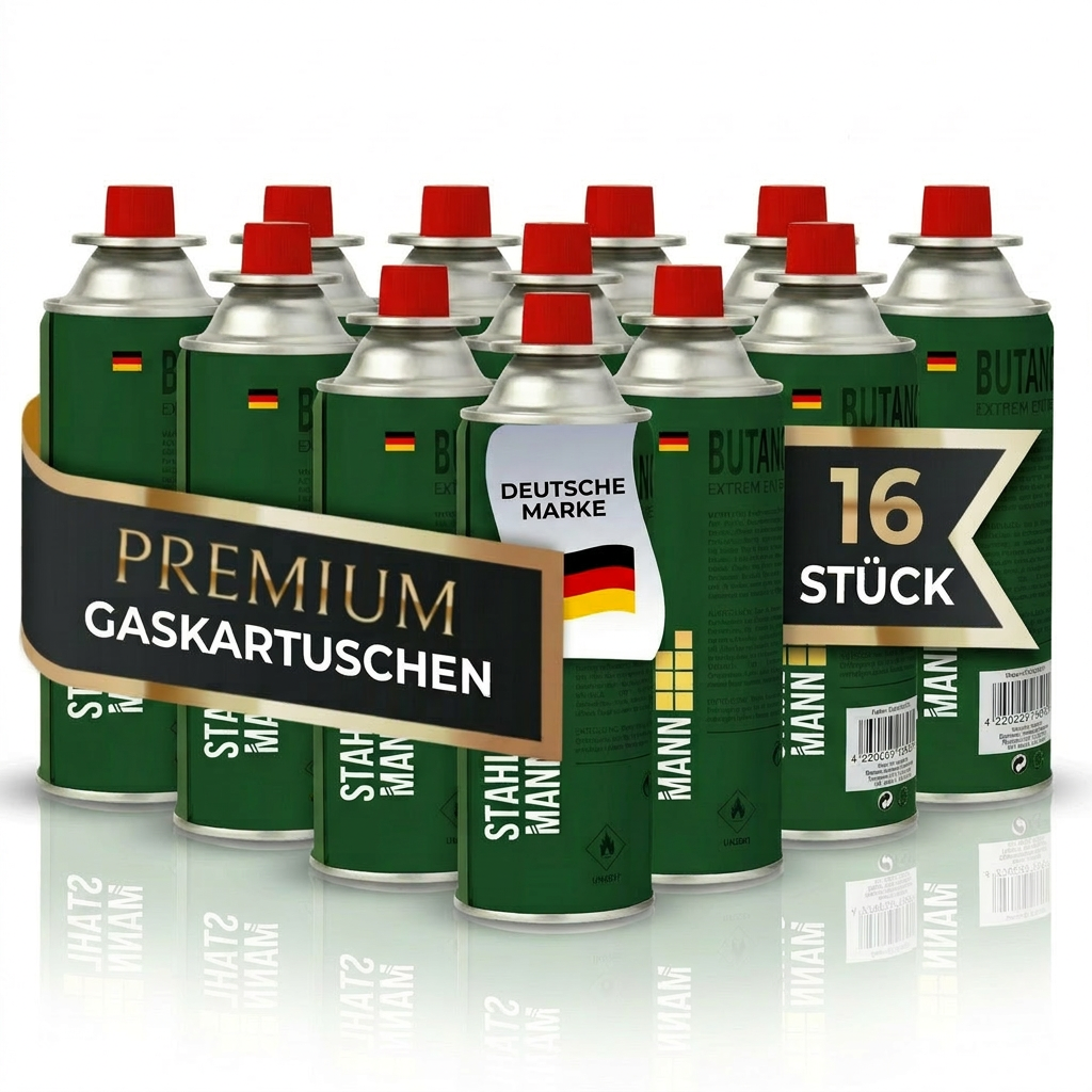 STAHLMANN® butaangaspatronen 227 g – Gevuld in de EU – voor kamperen, keuken en buitengebruik – 100% lekvrij en krachtig – met veiligheidsventiel