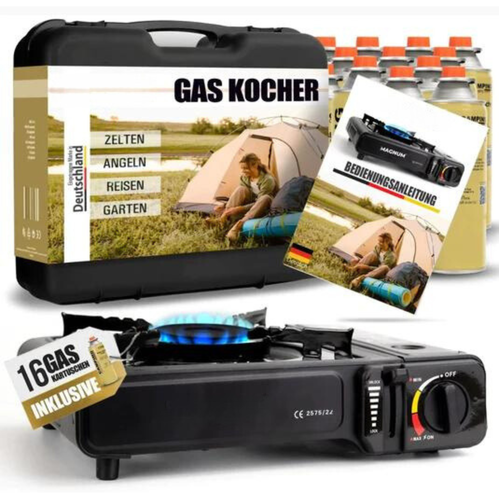 Gasfornuisset inclusief butaangaspatronen – met draagtas – compact, veilig en direct klaar voor gebruik – ideaal voor kamperen, tuinieren en buitengebruik – snelle verzending vanuit Duitsland