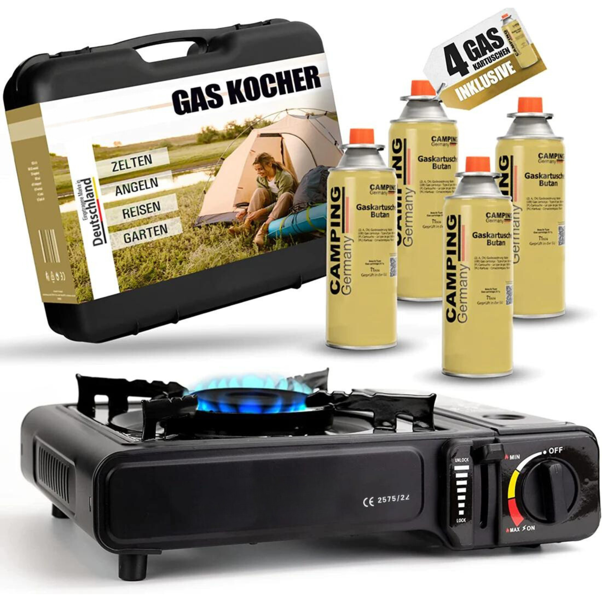 Gasfornuisset inclusief butaangaspatronen – met draagtas – compact, veilig en direct klaar voor gebruik – ideaal voor kamperen, tuinieren en buitengebruik – snelle verzending vanuit Duitsland