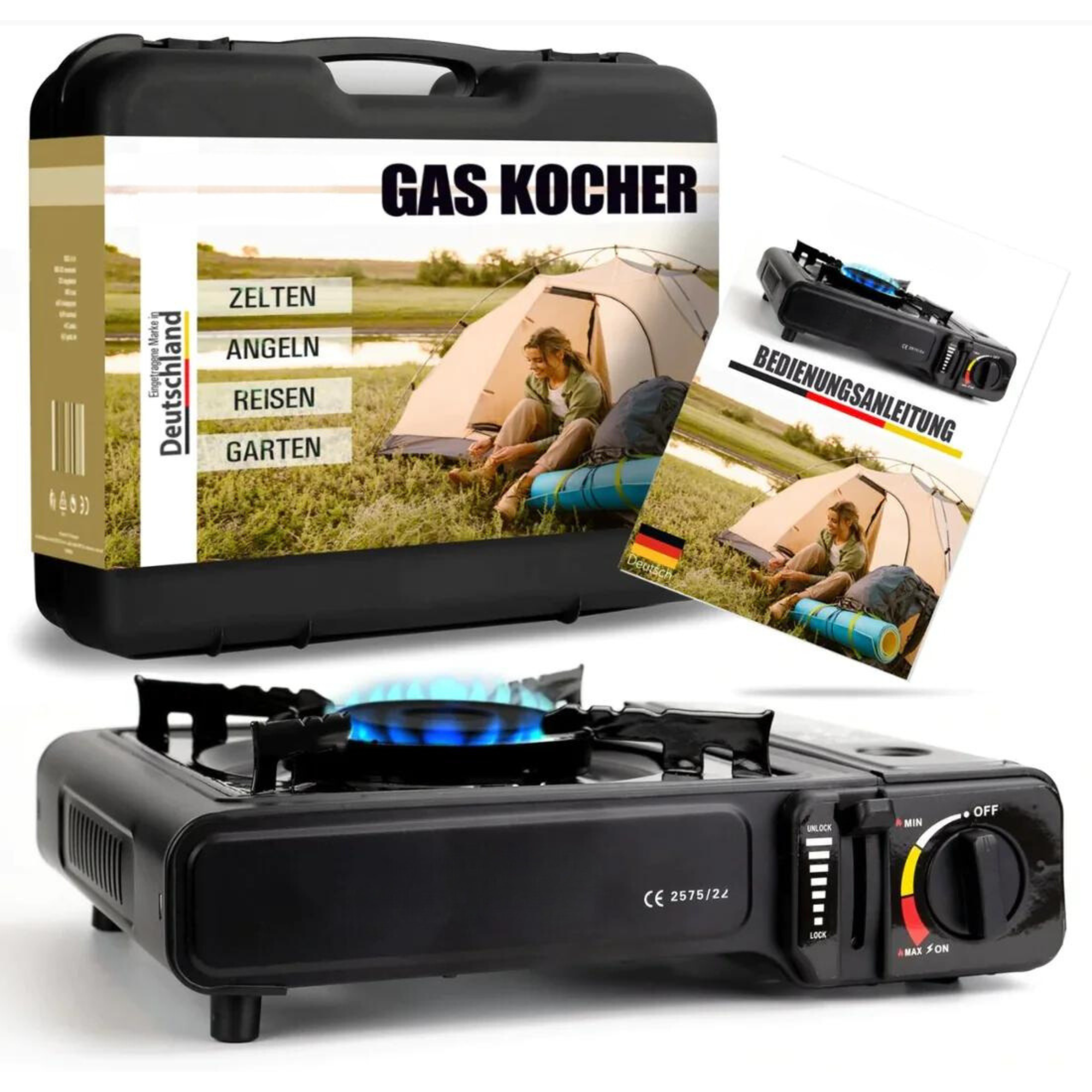 Gasfornuisset inclusief butaangaspatronen – met draagtas – compact, veilig en direct klaar voor gebruik – ideaal voor kamperen, tuinieren en buitengebruik – snelle verzending vanuit Duitsland
