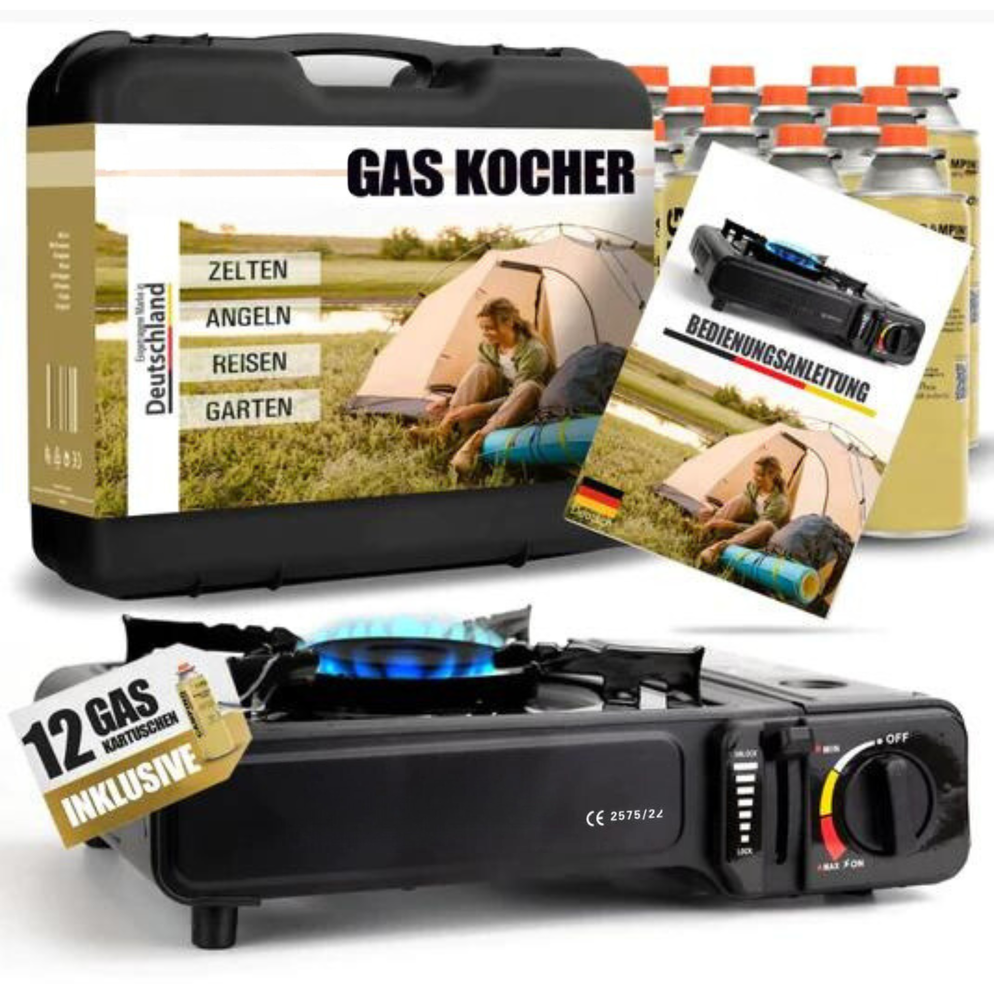 Gasfornuisset inclusief butaangaspatronen – met draagtas – compact, veilig en direct klaar voor gebruik – ideaal voor kamperen, tuinieren en buitengebruik – snelle verzending vanuit Duitsland