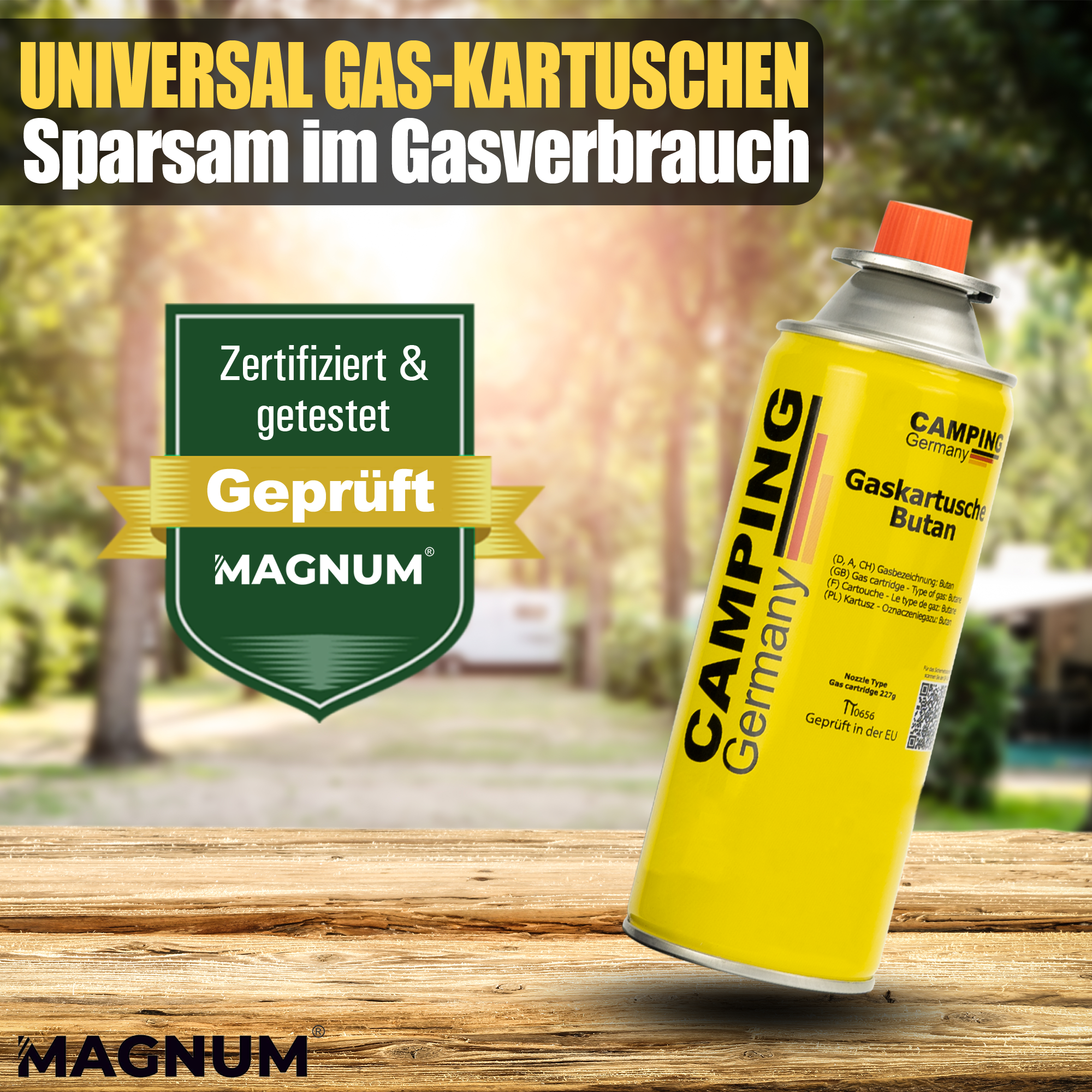 MAGNUM® butaangaspatronen 227 g – EN 417 gecertificeerd – voor kamperen, keuken en buitengebruik – 100% lekvrij en krachtig – met veiligheidsventiel