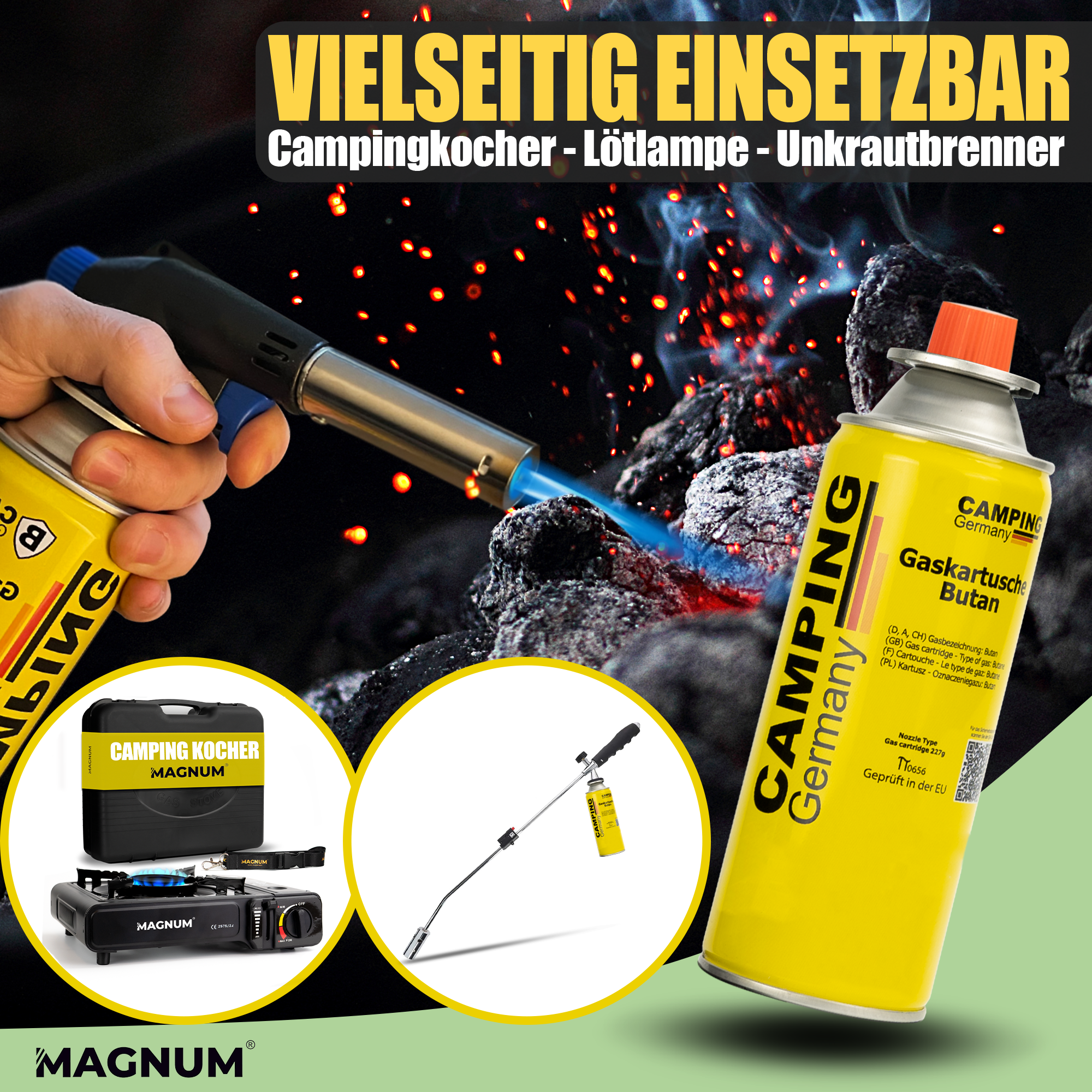 MAGNUM® Butangaskartuschen 227g – EN 417 zertifiziert – für Camping, Küche & Outdoor – 100 % dicht & leistungsstark – mit Sicherheitsventil