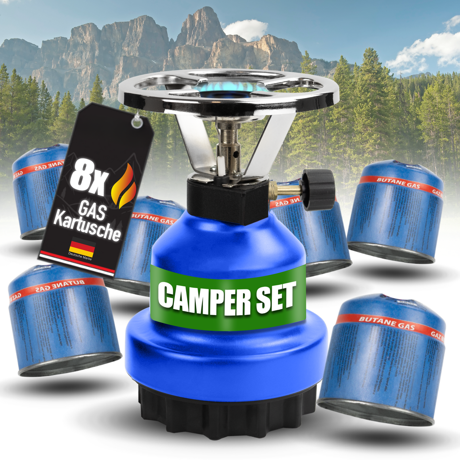 Campingkocher Set inkl. Gaskartuschen mit 1 Anschluss