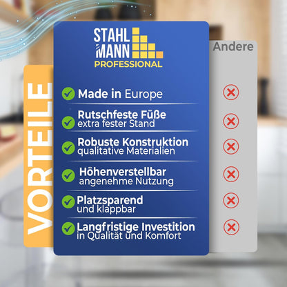 STAHLMANN® XXL Bügelbrett 130x42 cm – Für Dampfbügelstation  – 100 % Baumwollbezug – extra stabil – Made in EU